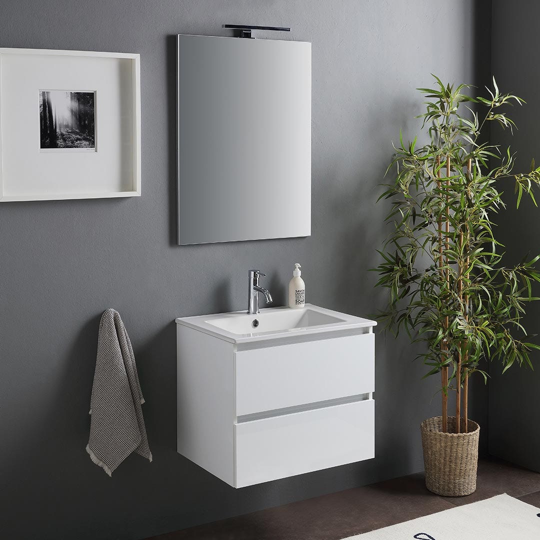 Mueble de baño suspendido con lavabo de 60cm y cajones blanco brillante | benaco