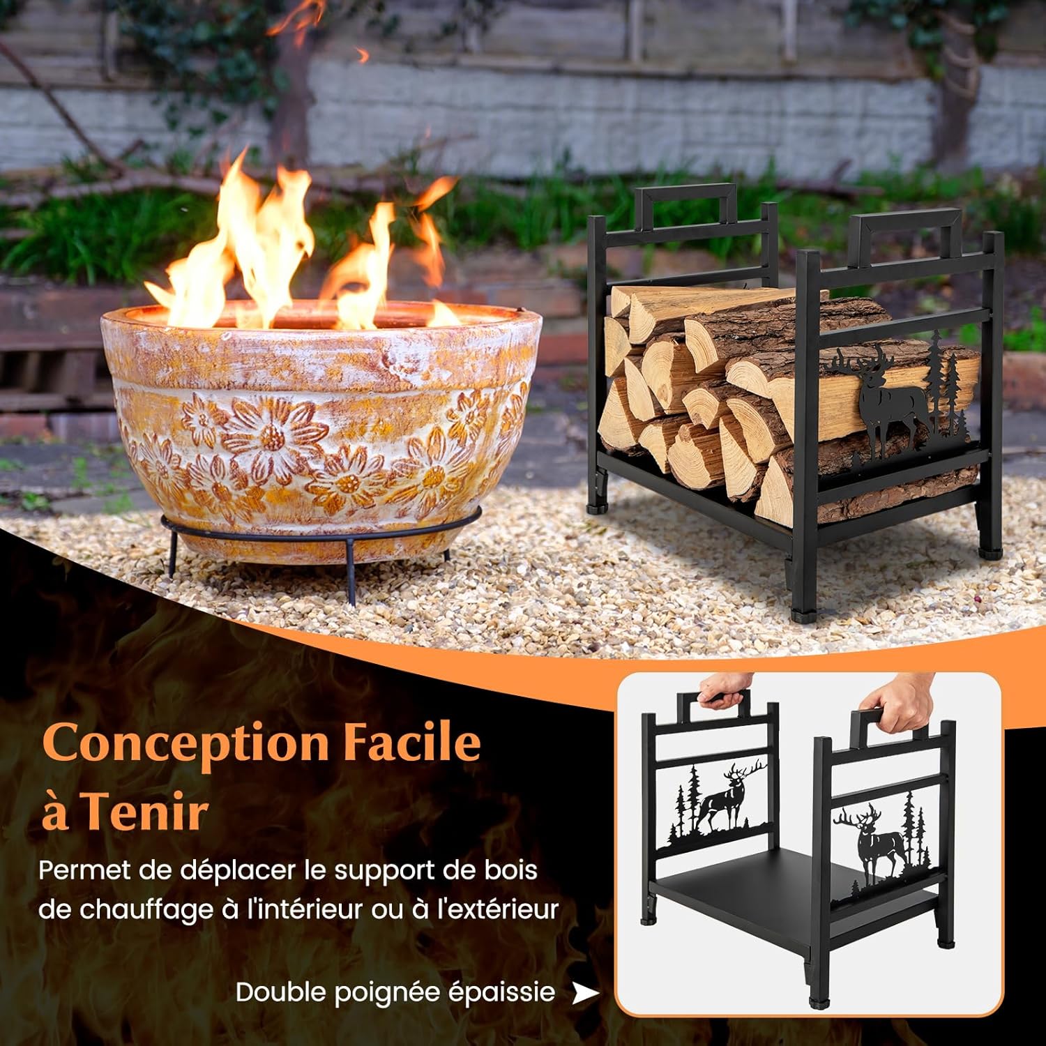 Range Buches Cheminée en Métal, Base Surélevée et Pieds Réglables, Porte-Bûches avec Motifs d’Élan, 46X34X45 CM - 3