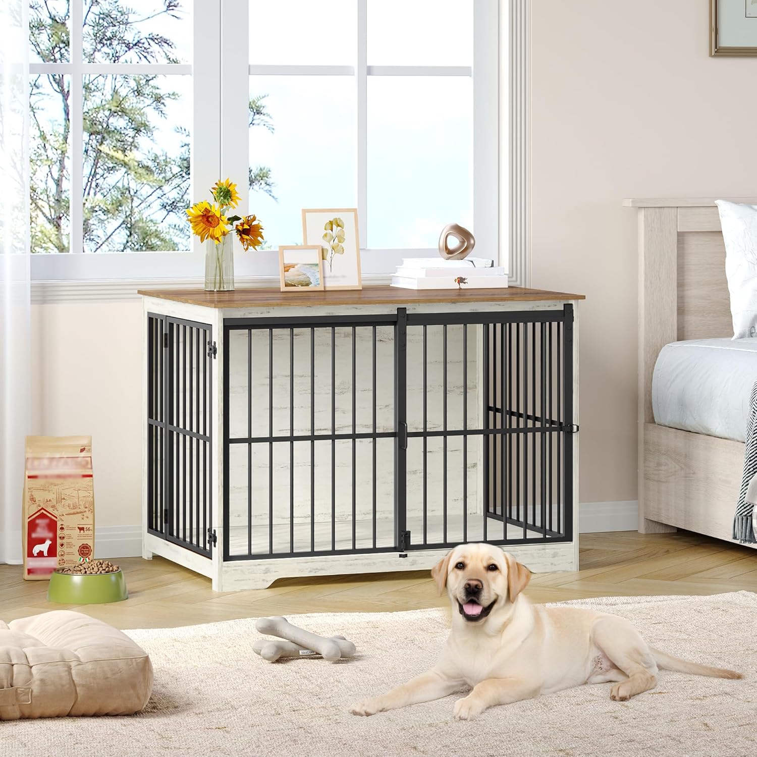 Caixa de transporte para cães, mesa de apoio, canil moderno, casota para cachorros, casota para animais de estimação, 2 portas, branco e castanho - 8