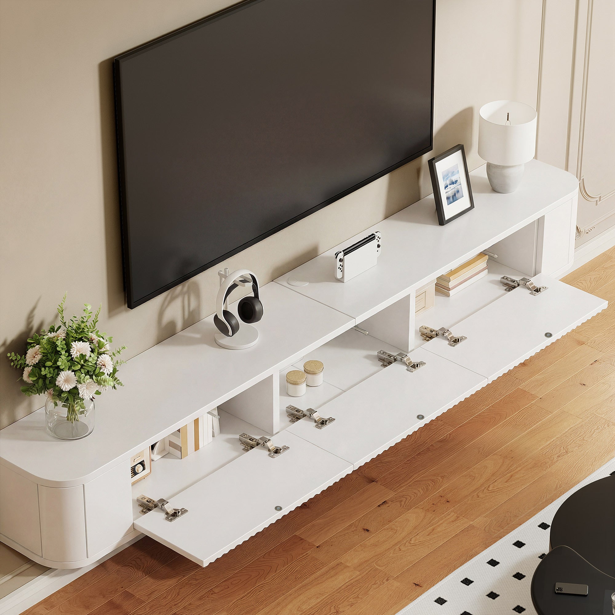 YITAHOME Meuble TV flottant 140 cm, étagères murales pour TV avec éclairage LED RGB, 180L × 25P × 20H cm, blanc haute brillance - 7