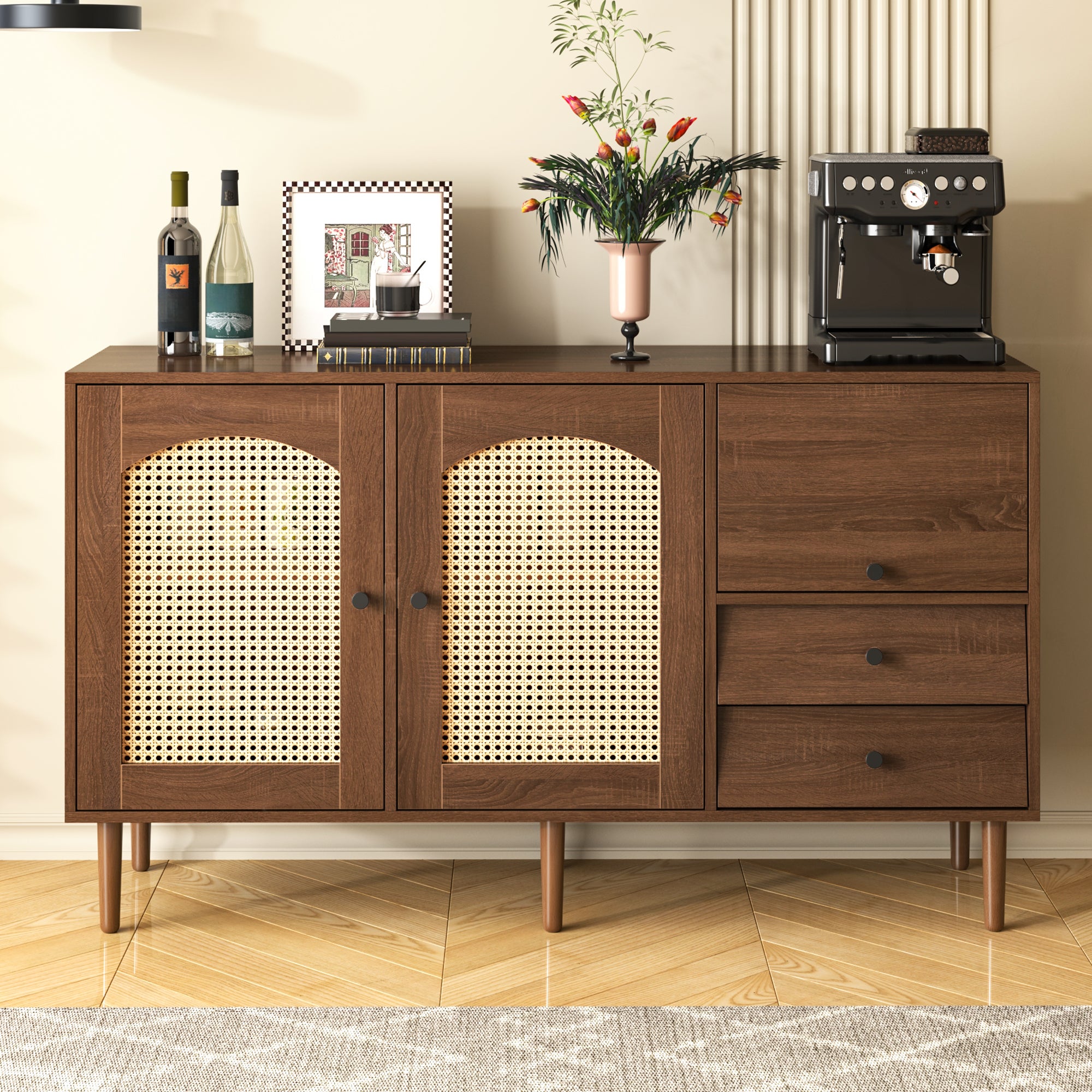 Komoda z 2 szufladami i 2 drzwiami z rattanu - 130 x 75,5 x 40 cm - Regulowane półki - Płyta wiórowa - Kolor drewna