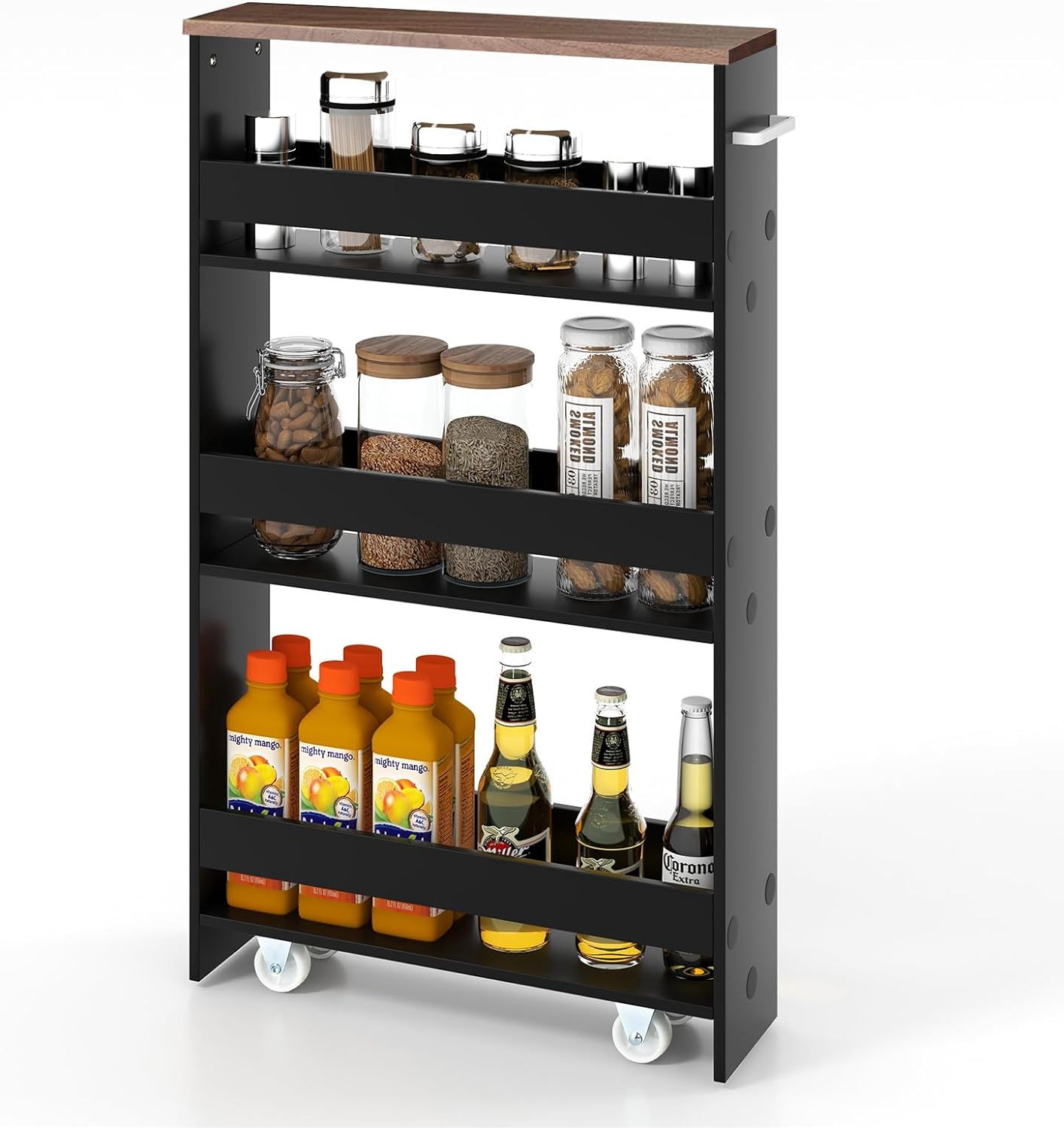 4-poziomowy Wózek Kuchenny z 4 Kółkami, Półka Kuchenna z Uchwytem Bocznym, Czarny + Brązowy