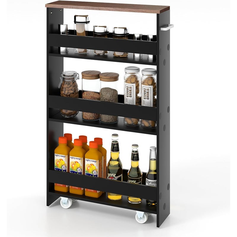 4-poziomowy Wózek Kuchenny z 4 Kółkami, Półka Kuchenna z Uchwytem Bocznym, Czarny + Brązowy