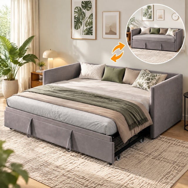 Canape lit gigogne, Canapé Lit 2 Places Convertible 90/180x200 cm avec Sommier à Lattes, Canapé-lit Extensible Gris