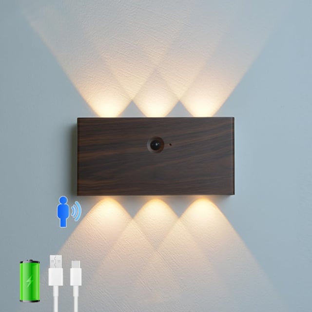 Lampa ścienna LED z czujnikiem ruchu, ładowana przez USB, 5000 mAh, 6 W, oświetlenie bezpośrednie/pośrednie, do korytarza, ciepłe światło, brązowa