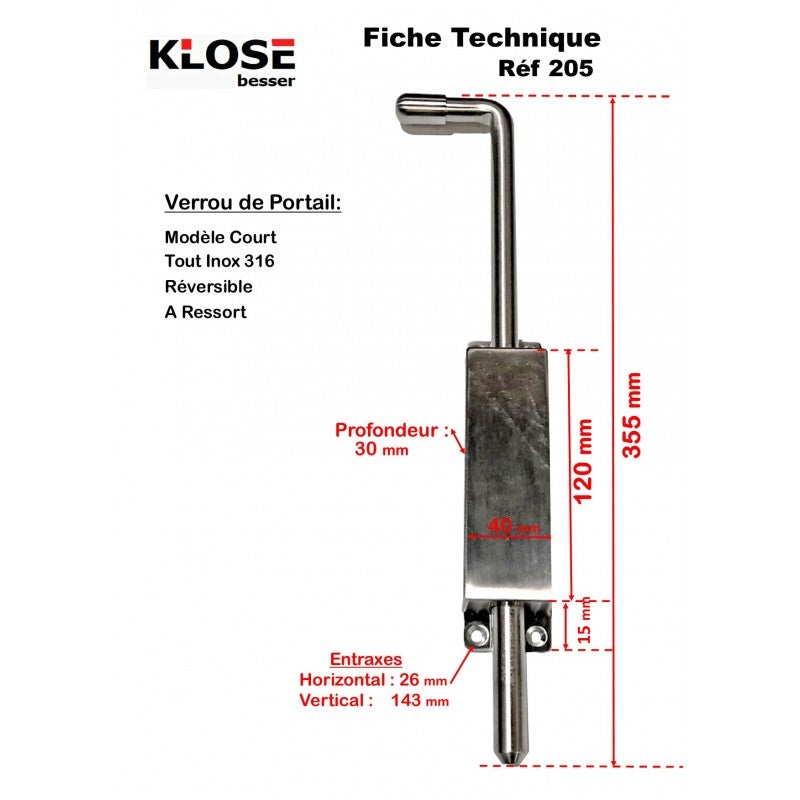 Verrou Baïonnette Tout Inox 316 Klose besser à Ressort pour Portails.. - Longueur: 35 cm - 2