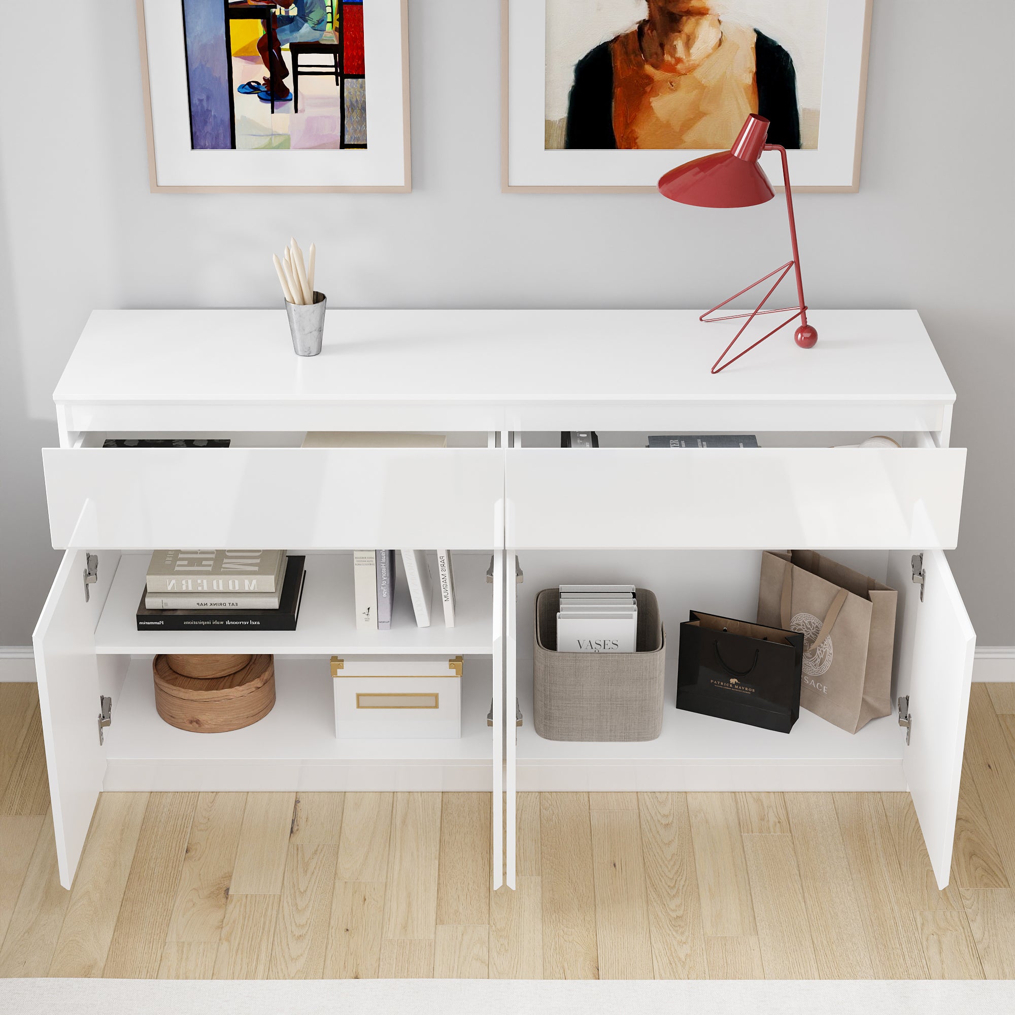 Grand Buffet de Salon avec 4 Portes et 2 Tiroirs, Rangement de Chambre sans Poignée, 155 x 40 x 83, Blanc Brillant - 6