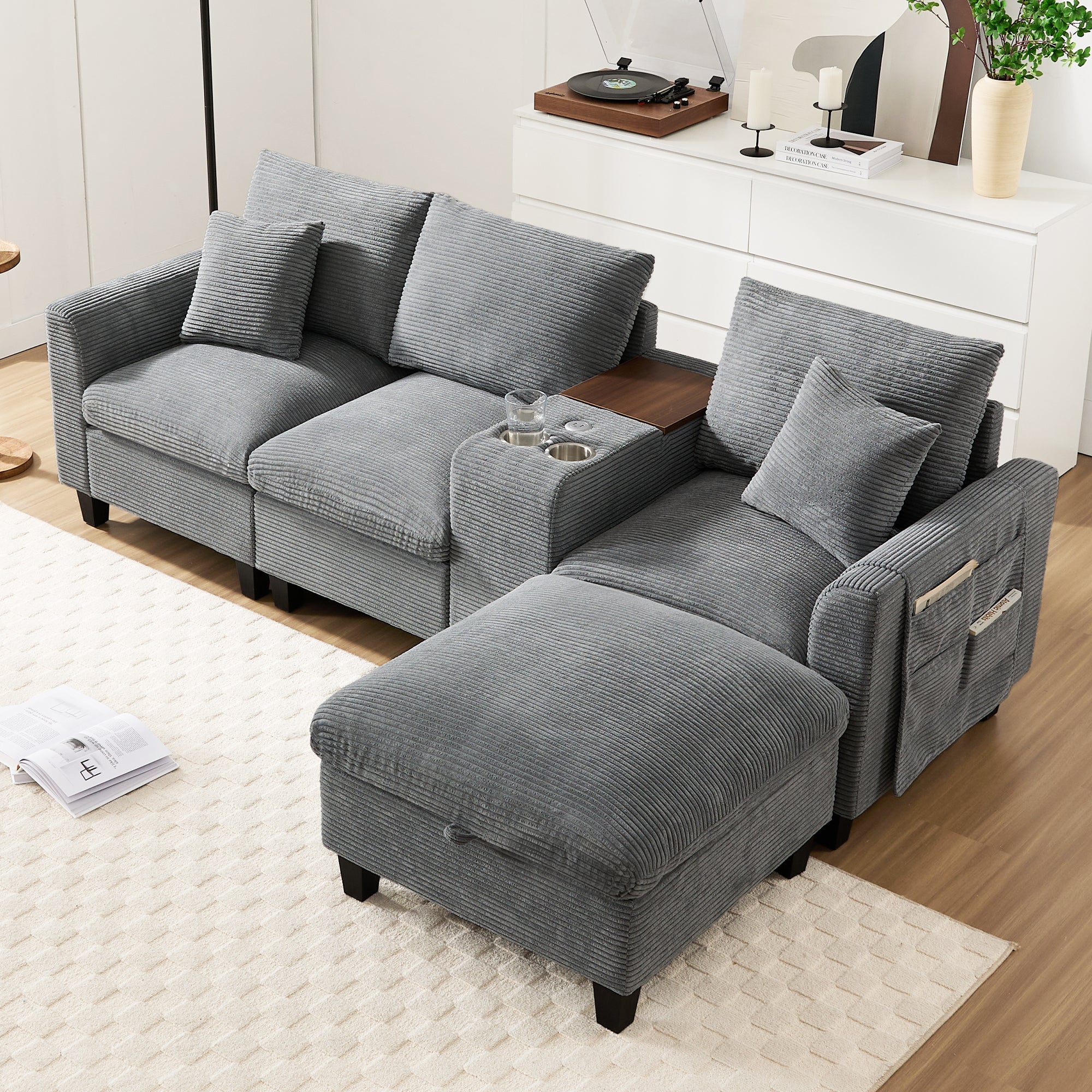 Canapé moderne - avec console - 2 porte-gobelets - port de chargement USB - poches de rangement sur les accoudoirs - avec coussins - gris - 3