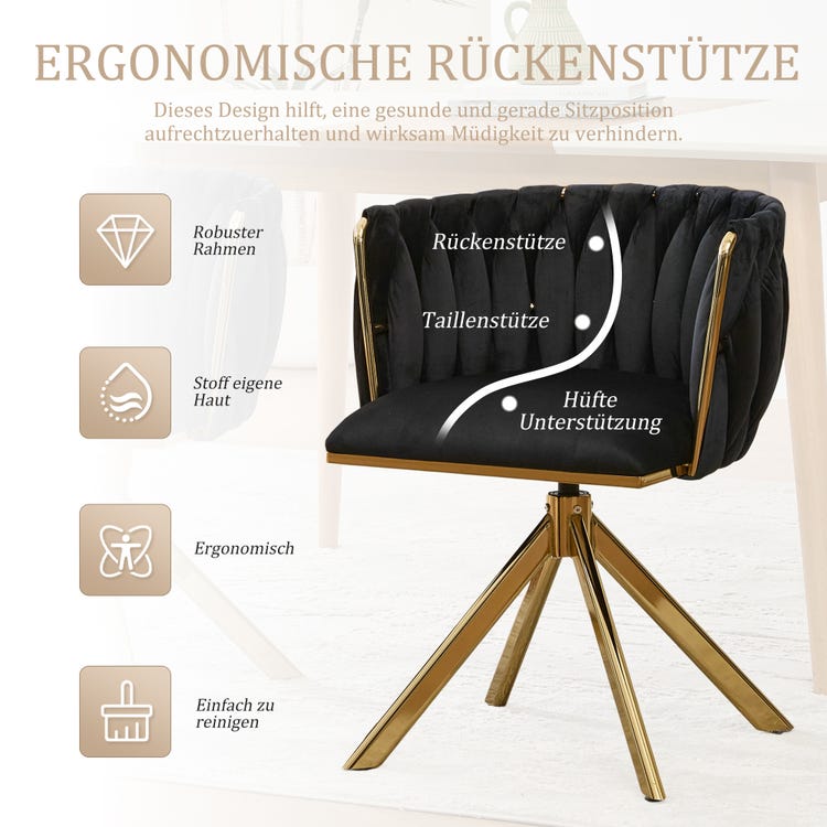 Fauteuil velours (lot de 2) : structure métallique robuste, pivot 180°, ergonomique, luxueux. Salon/boudoir/espace de travail créatif. - 4