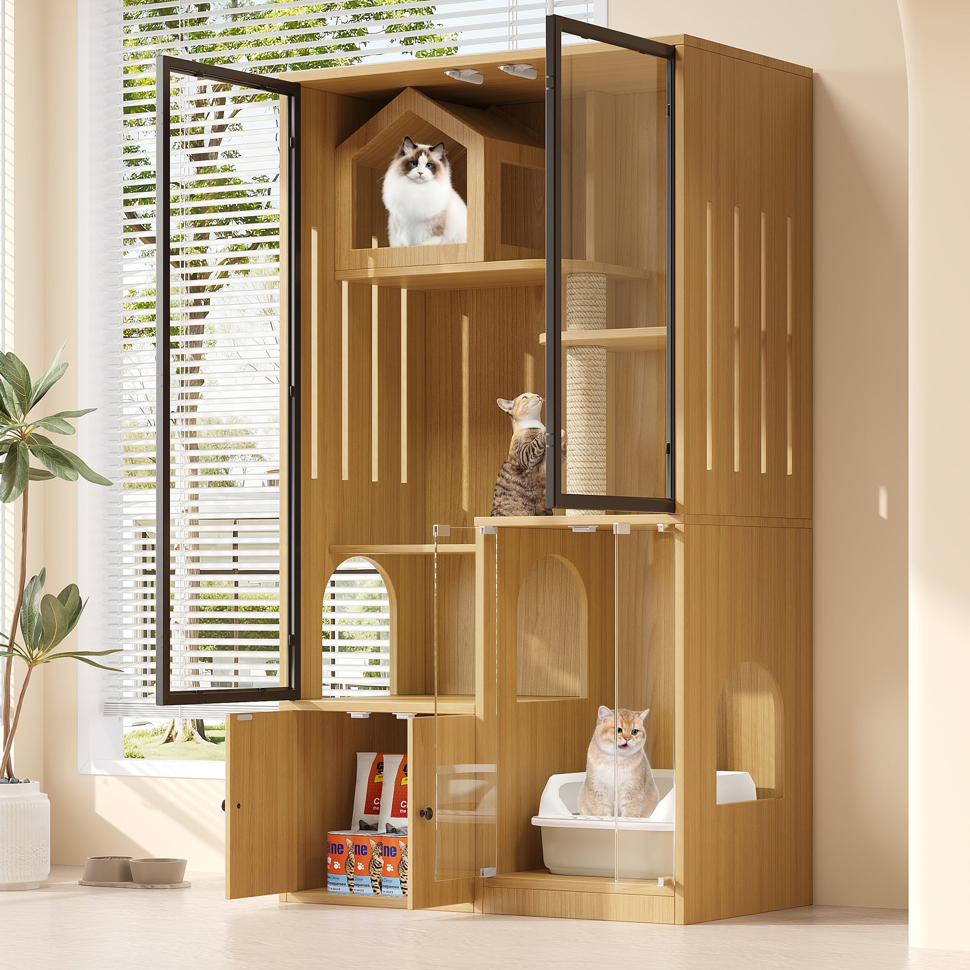 Meuble pour chat dissimulé avec villa vitrée et meuble cache-litière, 2 ...