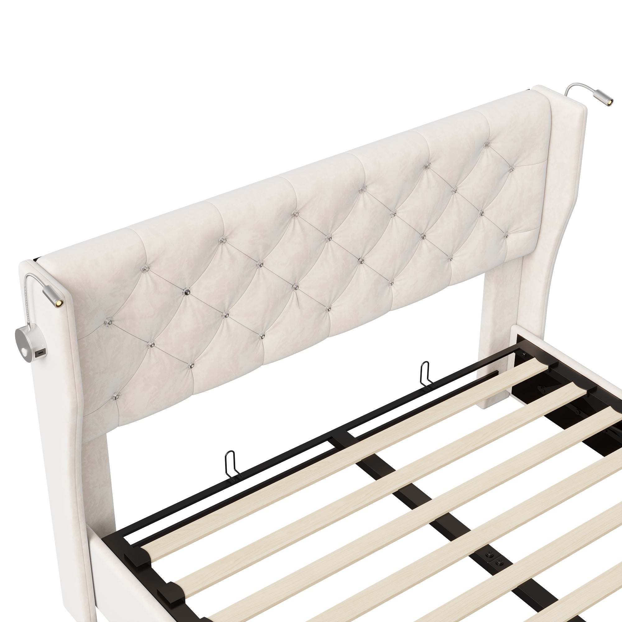 Lit coffre 140x190 velours beige, tête de lit avec LED et port USB, sommier à lattes inclus, rangement hydraulique à vérins, chambre adulte - 12