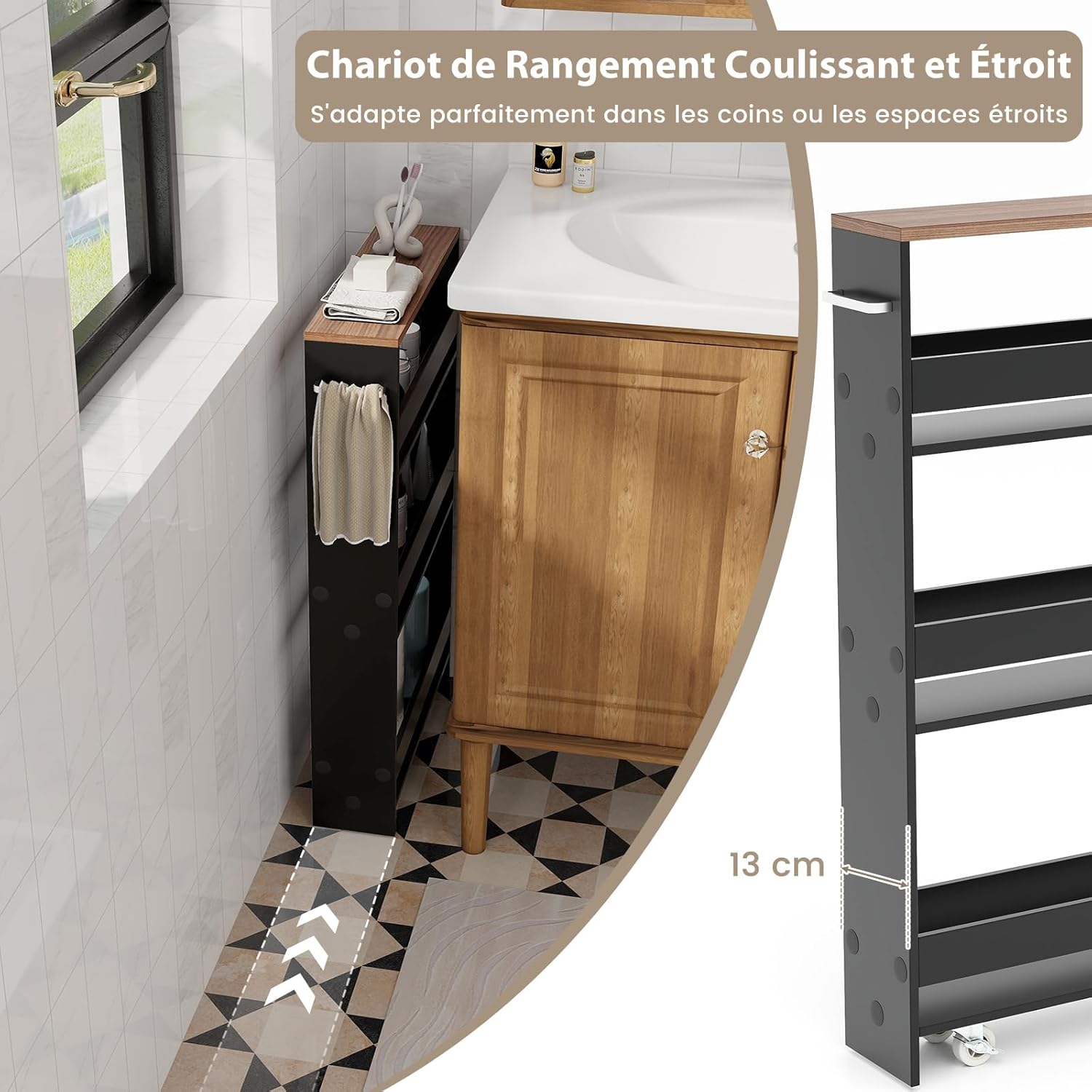 Chariot de Rangement Largeur 13 cm à roulettes, Desserte de Cuisine à 4 Niveaux, Poignée Latérale et Roues Universelles avec Freins (Noir + Brun) - 6