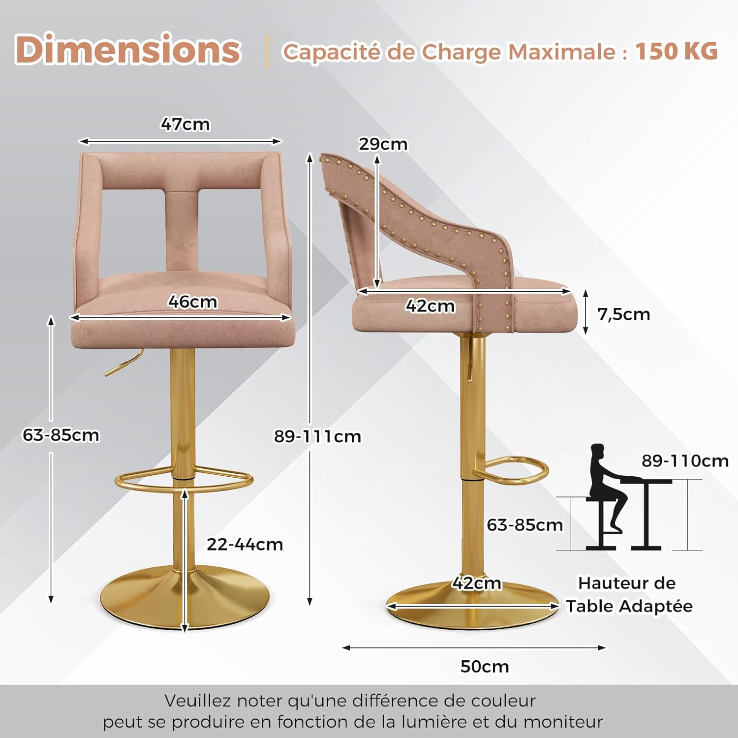 Set Di 4 Sgabelli Da Bar Girevoli - Altezza Regolabile - Tessuto In Velluto - Beige - 5