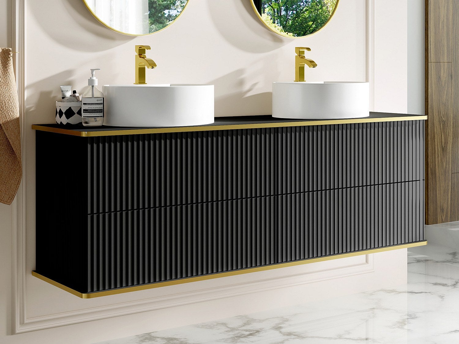 Szafka łazienkowa wisząca ryflowana ze złotą listwą i dwoma okrągłymi umywalkami nablatowymi - Czarny - 150 cm - KELIZA