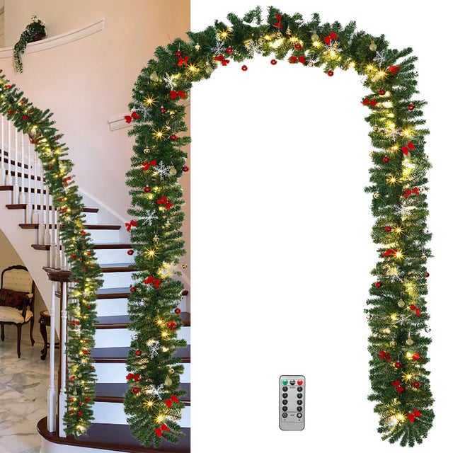 Guirlande de Rotin de Noël avec Lumière Led Extérieure 2,7m Décoration de Noël en Rotin pour Rambarde d'Escalier Cheminée Porte Fenêtres