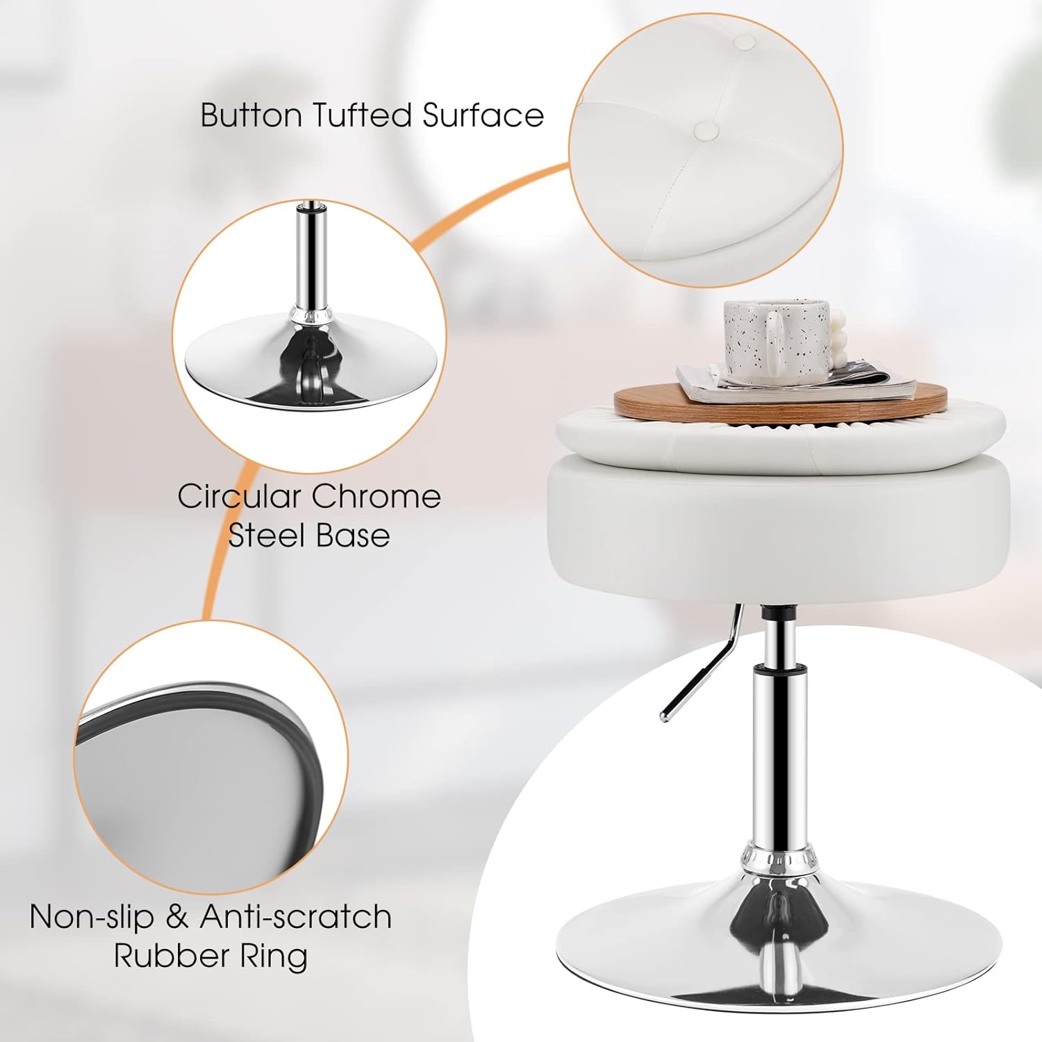 Tabouret de Coiffeuse Capitonné, Pouf de Rangement d'appoint avec Couvercle Réversible, Chaise de Maquillage Pivotante à 360° (Blanc) - 3