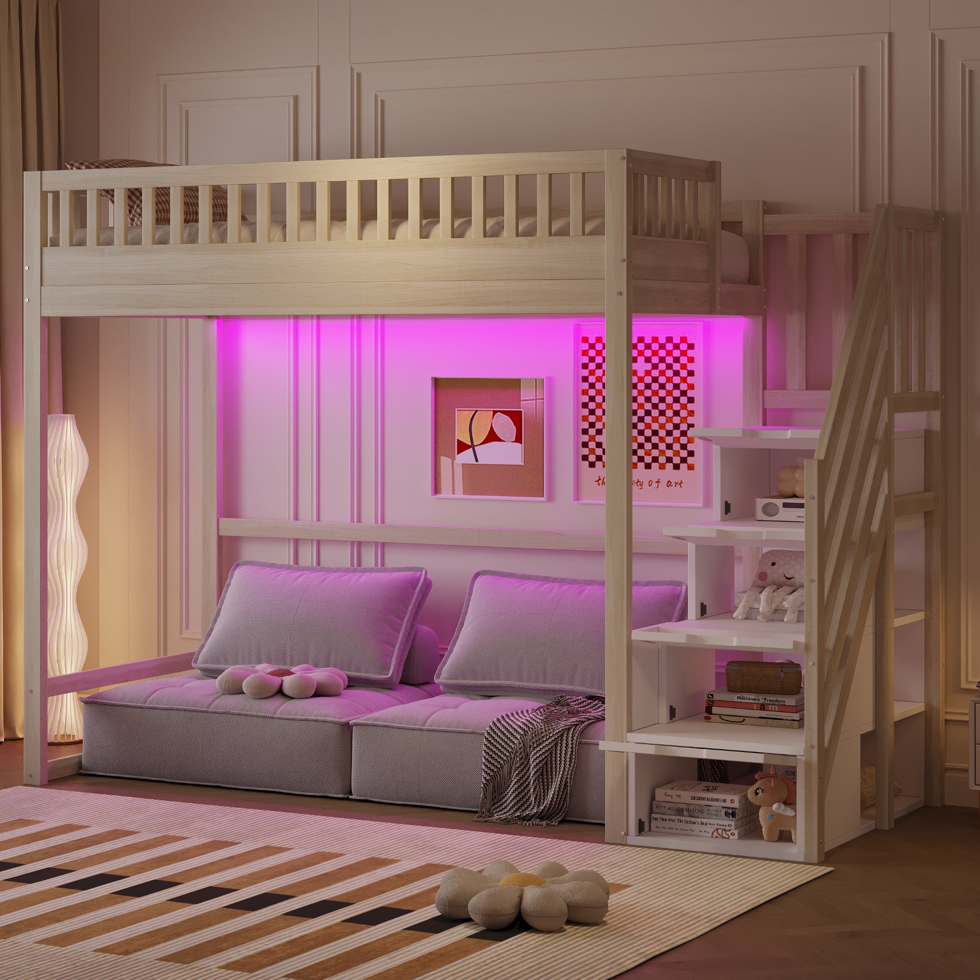 Wysokie łóżko 90 x 200 cm z 4 drzwiami i półkami - Oświetlenie LED - Sosna + Sklejka + MDF - Kolor naturalny (Materac nie jest wliczony w cenę)