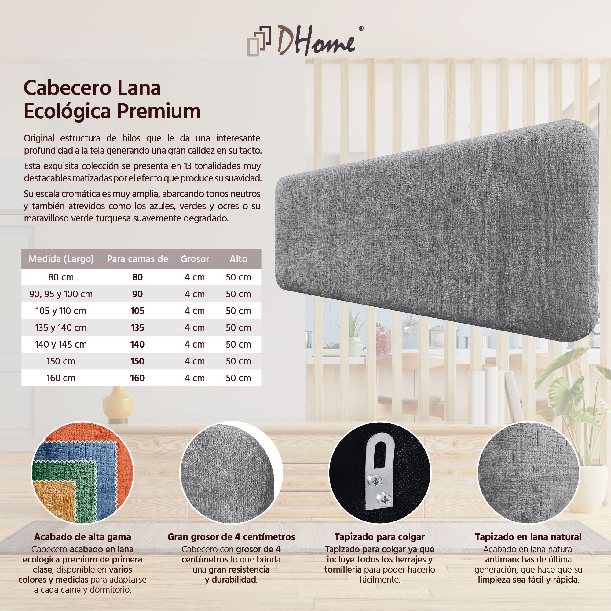DHOME Cabecero Tapizado en Lana Liso Redondeado para Pared Acústicos Cabeceros Absorbentes Cabezal Cama Dormitorio (Gris, 160cm) - 4