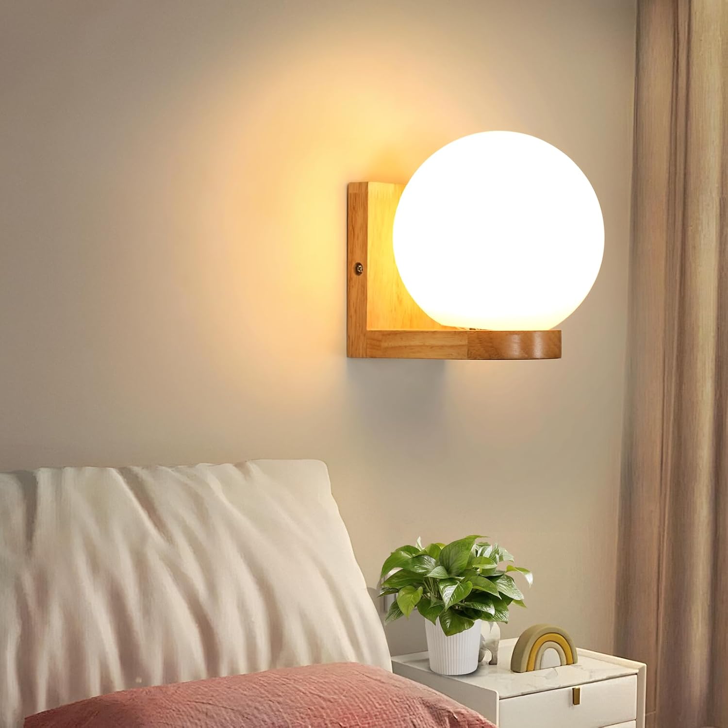 COMELY Applique Murale Intérieure en Bois,Lampe Murale Vintage avec Abat-jour en Verre E27,Luminaire Moderne Minimaliste pour Chambre,Couloir,Escalier - 7