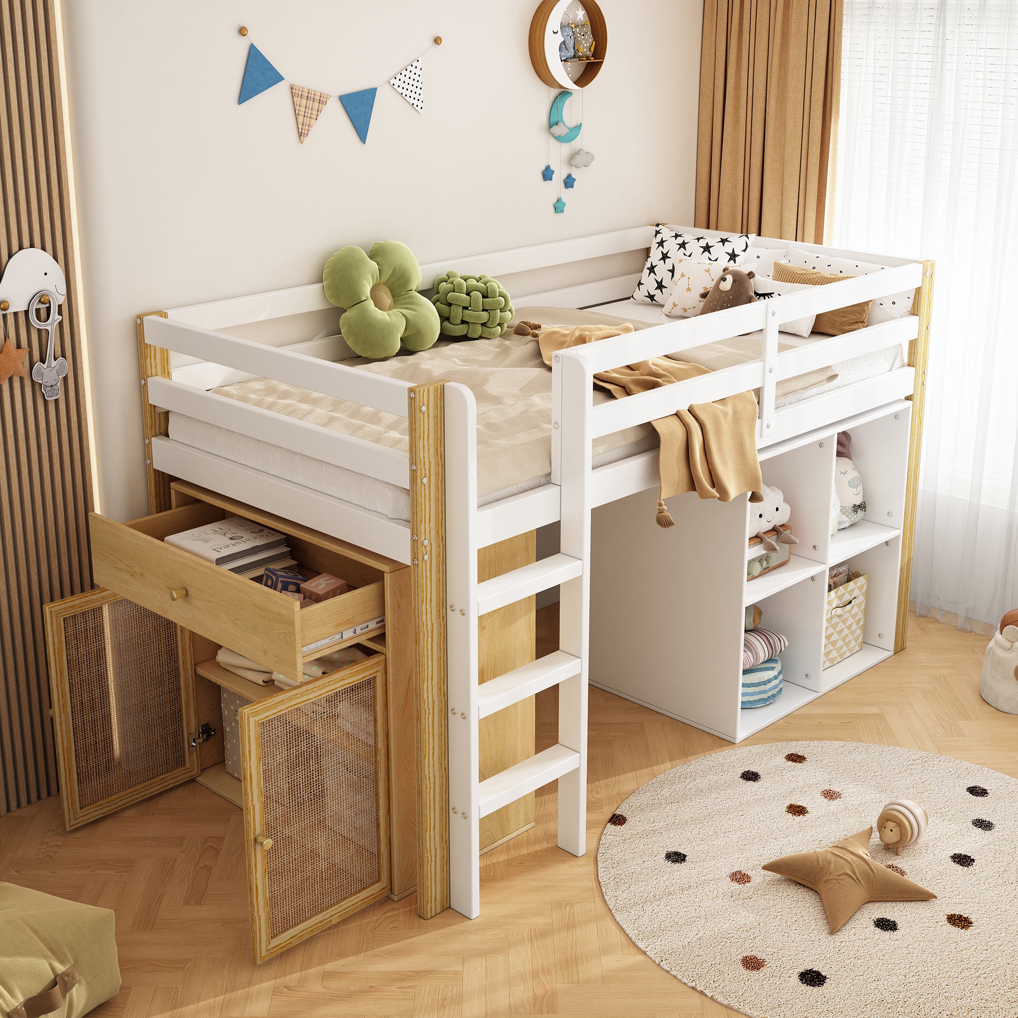 Łóżko dziecięce antresola 90 x 200 cm - 2 szafki i drabinka - lite drewno + płyta MDF - naturalny + biały