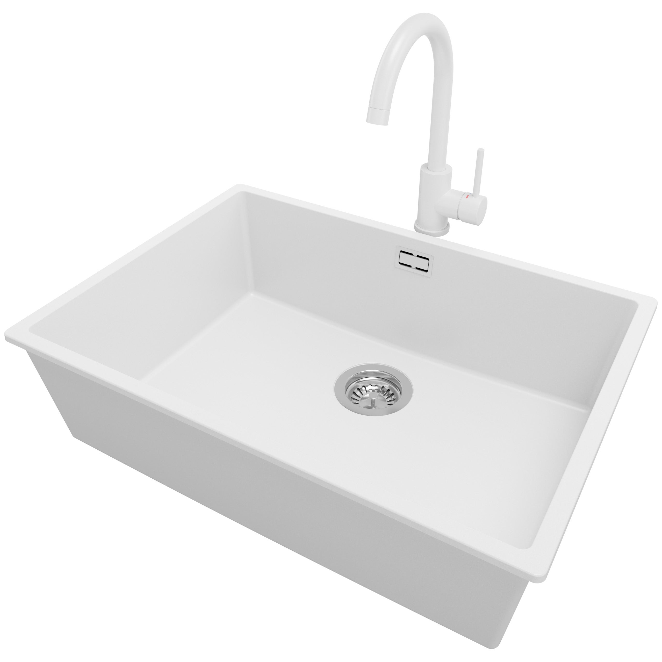 Zlewozmywak Granitowy Biały 66x47cm, Zlew Kuchenny 1 Komorowy + Bateria 32x20cm + Syfon, Nablatowy do szafki od 70cm - Londyn Slim PRIMAGRAN