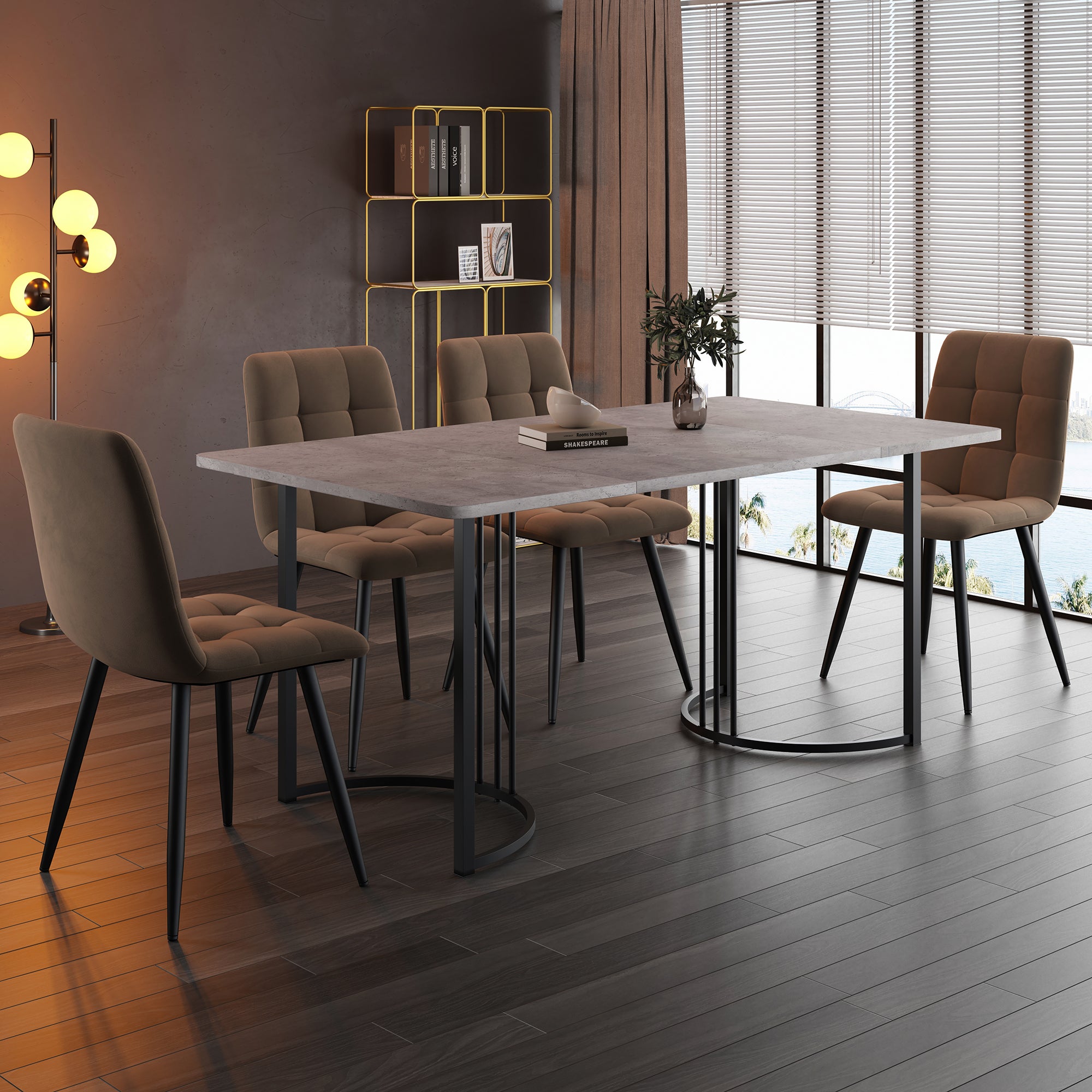 Zestaw stołowy z 4 krzesłami welurowymi - 140 x 80 x 75 cm - MDF i nogi metalowe - Szary + brązowy