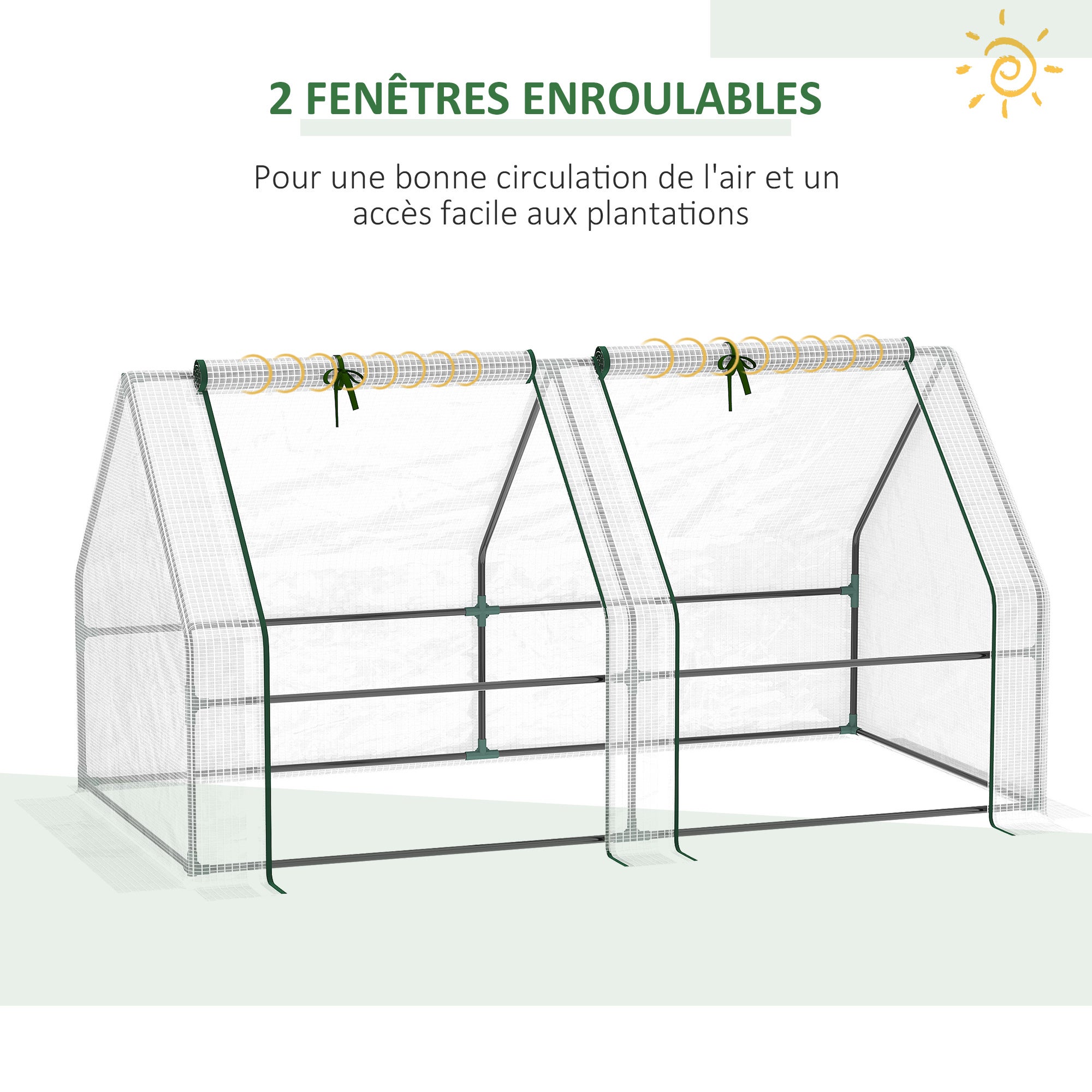 Mini Serre de Jardin mini serre tunnel 180L x 90l x 90H cm toit pointu Acier PE Haute densité 140 g/m² Anti-UV 2 fenêtres avec Zip enroulables Blanc - 7