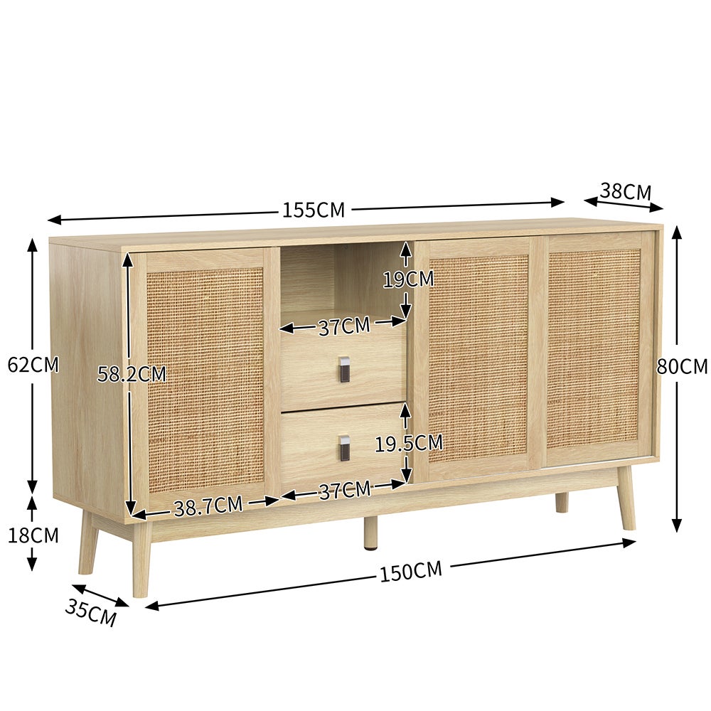 Buffet avec 3 portes coulissantes en rotin véritable et 2 tiroirs - 7