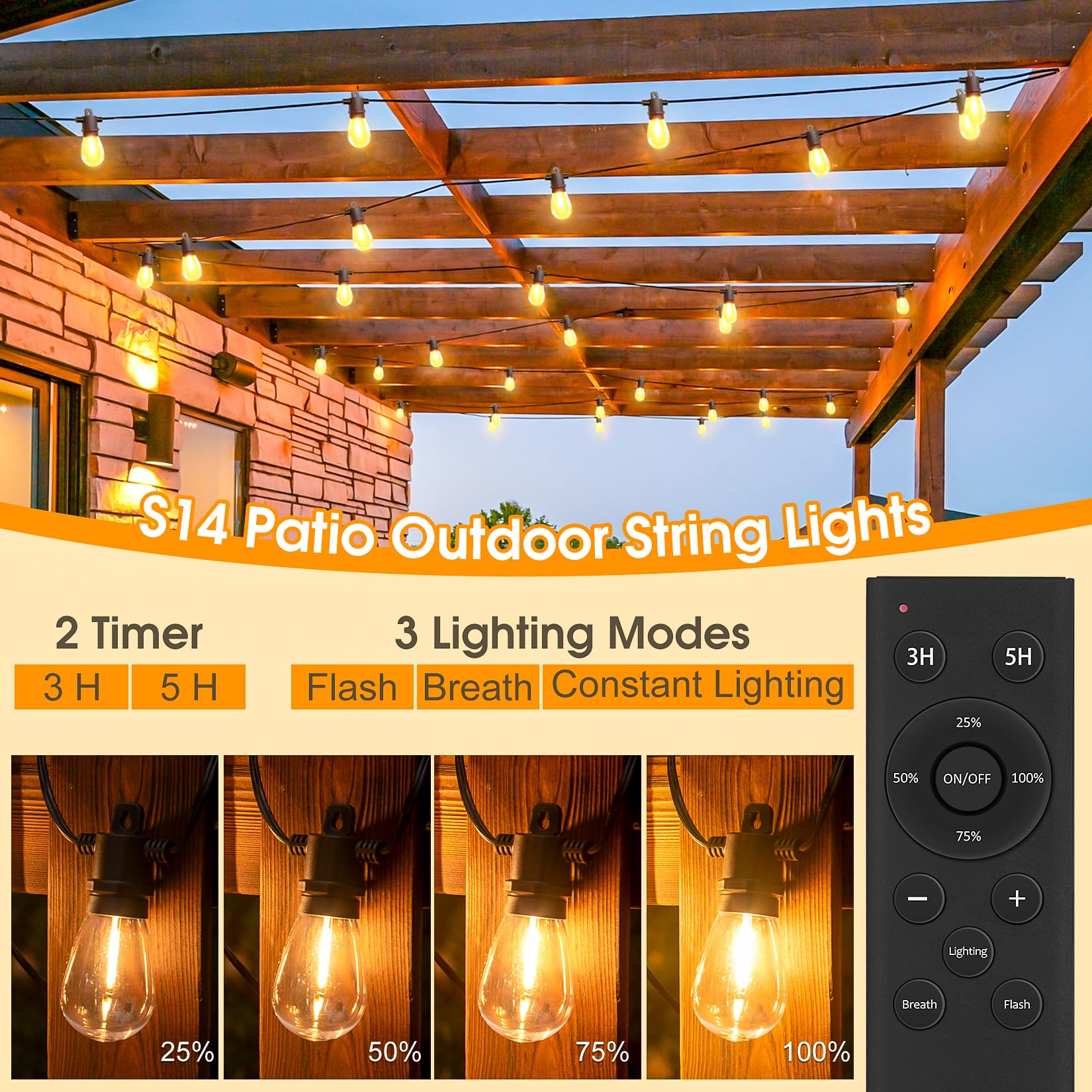 20 M Guirlande lumineuse d'extérieur à LED avec télécommande et 30+2 ampoules LED S14, IP65, lumière blanche chaude, pour jardin, une véranda, café - 2