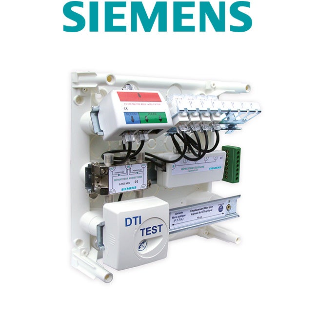 Coffret communication Siemens, 4 RJ45 Grade 1, 4 prises coaxiales, conforme NFC 15-100, fixation GTL ou saillie, DTI France Télécom, filtre ADSL - 2