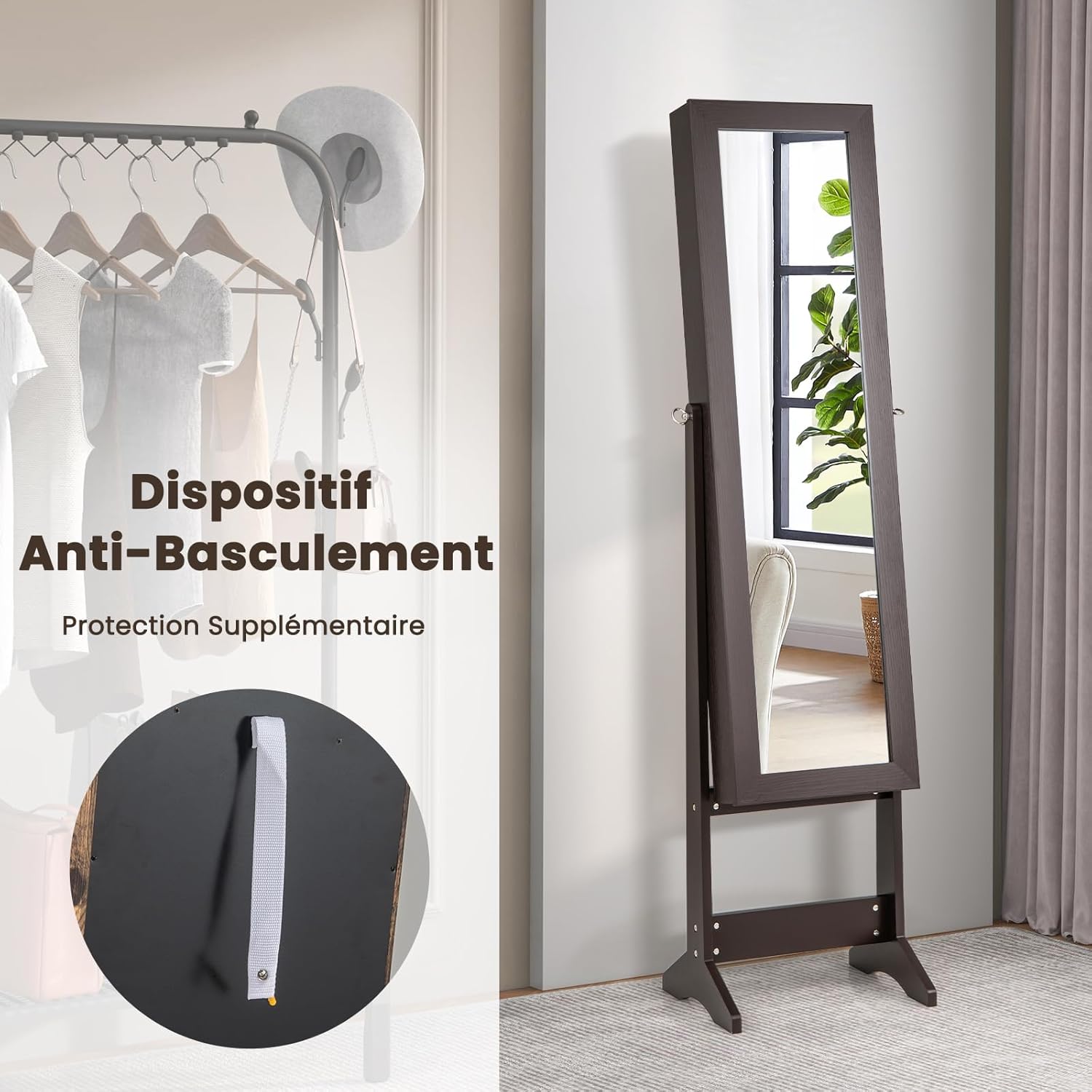 Armoire à Bijoux sur Pied avec Miroir Inclinable en 3 Positions, Armoire de Rangement Cosmétiques de Grande Capacité avec 4 Étagères(Marron) - 7