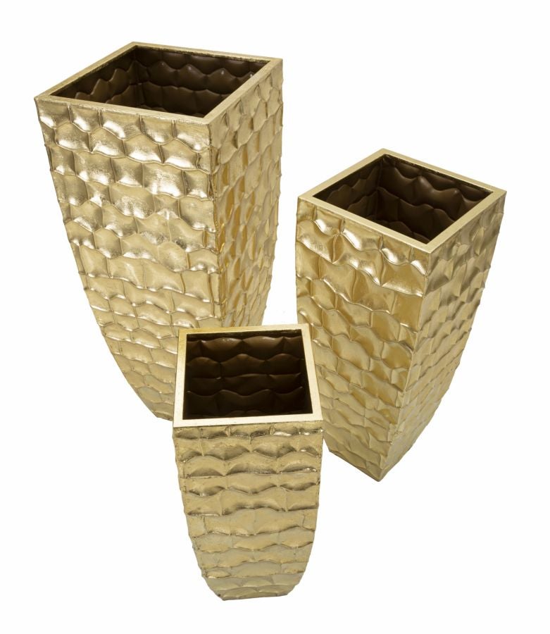 Conjunto de 3 vasos quadrados dourados Glody - Trio com decorações irregulares em relevo em estilo glamoroso - 2