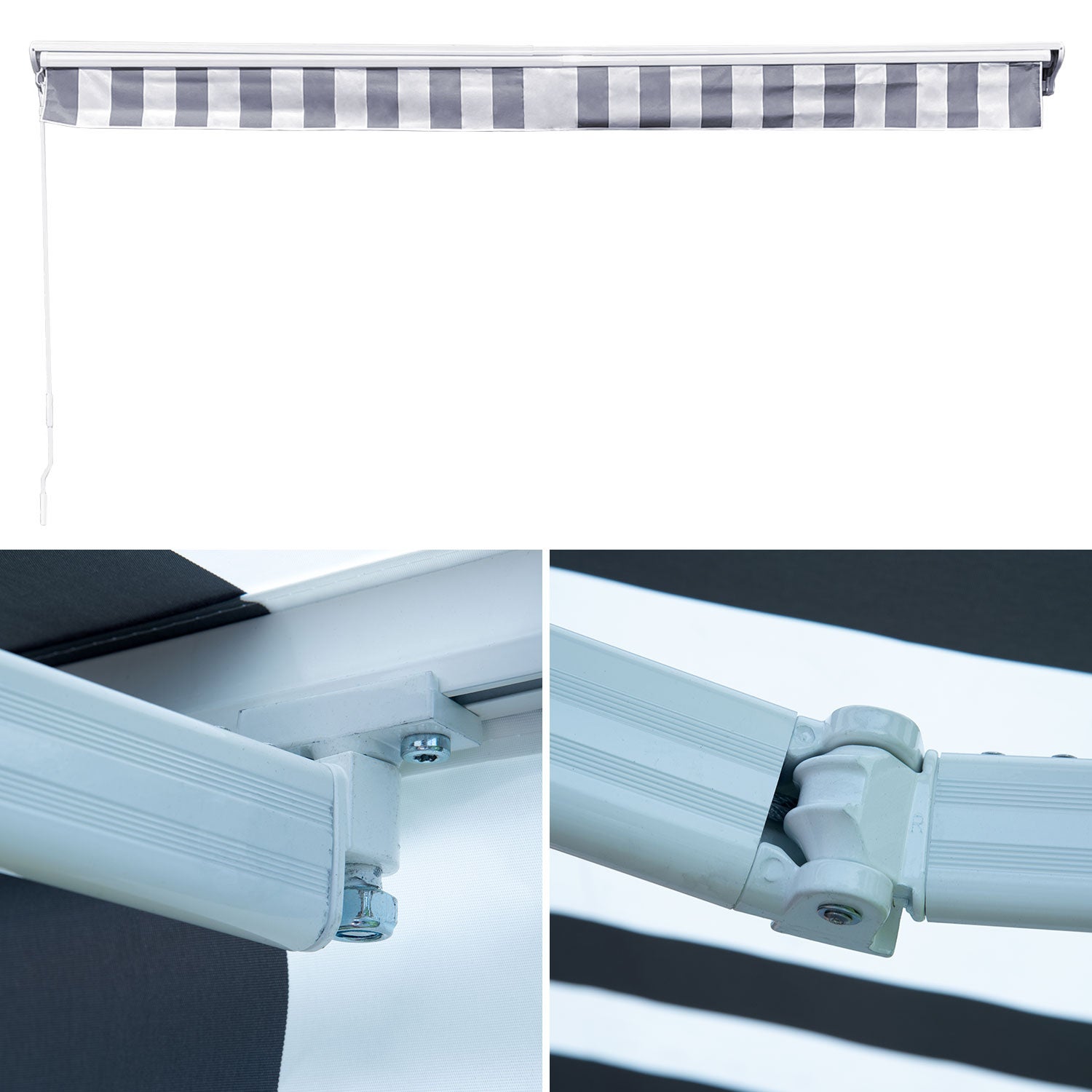 Store banne SAULE 2,95 × 2,5m avec semi-coffre - Toile rayée blanche/grise et structure blanche - 3