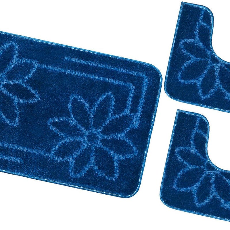 Zestaw 3 dywaników łazienkowych Antypoślizgowy Absorbent Stokrotki Jednolity Kolor Niebieski