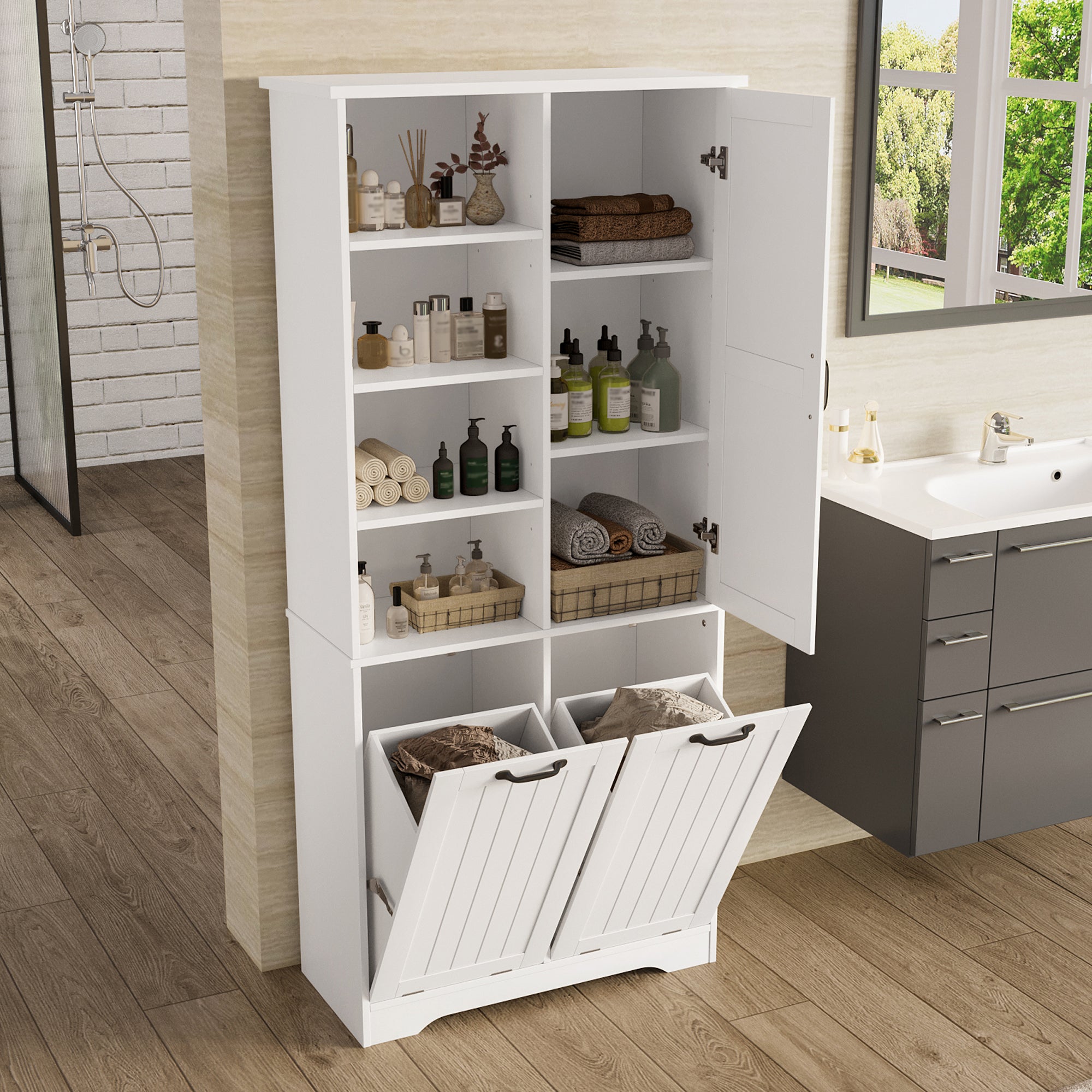 Meble łazienkowe 78x35x172 cm - podwójny kosz na bieliznę - 4 otwarte przegródki - 1 drzwi - biały