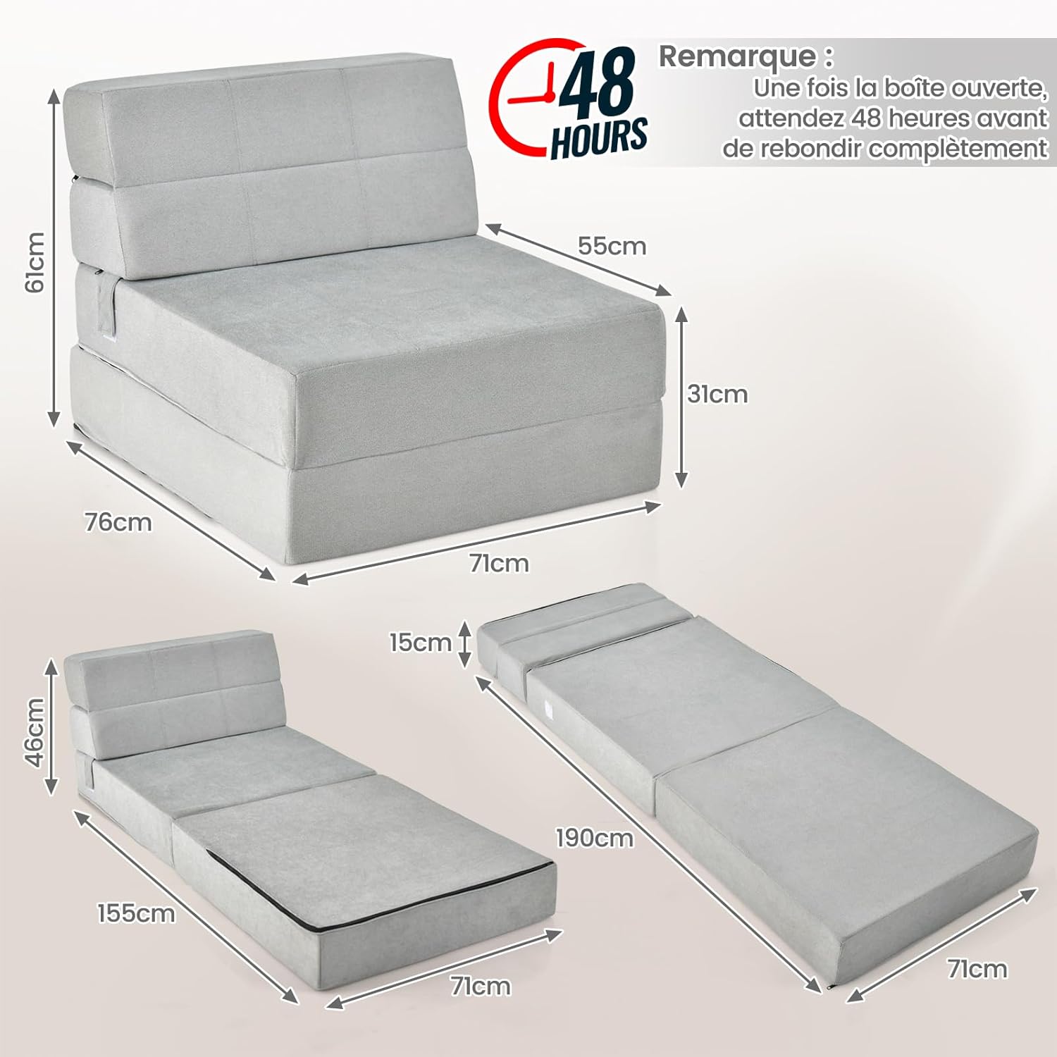 Canapé Lit 1 Place Convertible 3 en 1 avec Housse Amovible en Tissu Floqué,en Mousse pour Chambre, Invités, Voyage (71x190x15CM-3 en 1, Gris) - 3