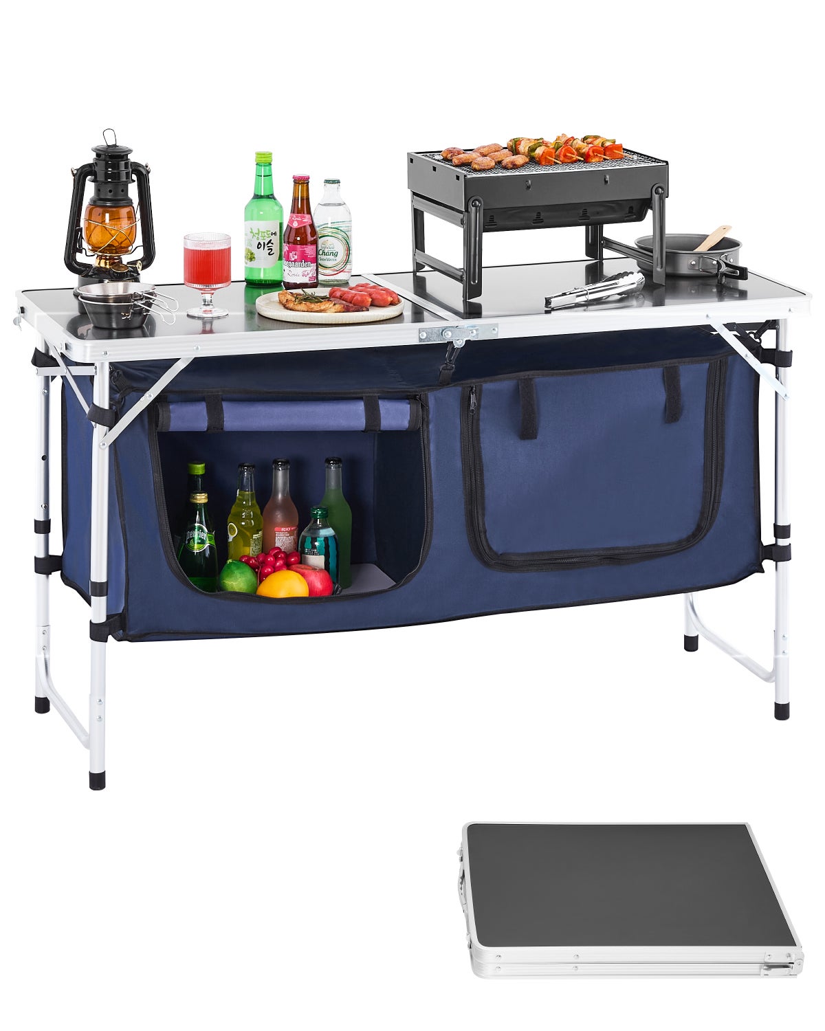 Camping Kitchen Table Składana stacja do gotowania 3-stopniowa regulacja wysokości Niebieski VEVOR