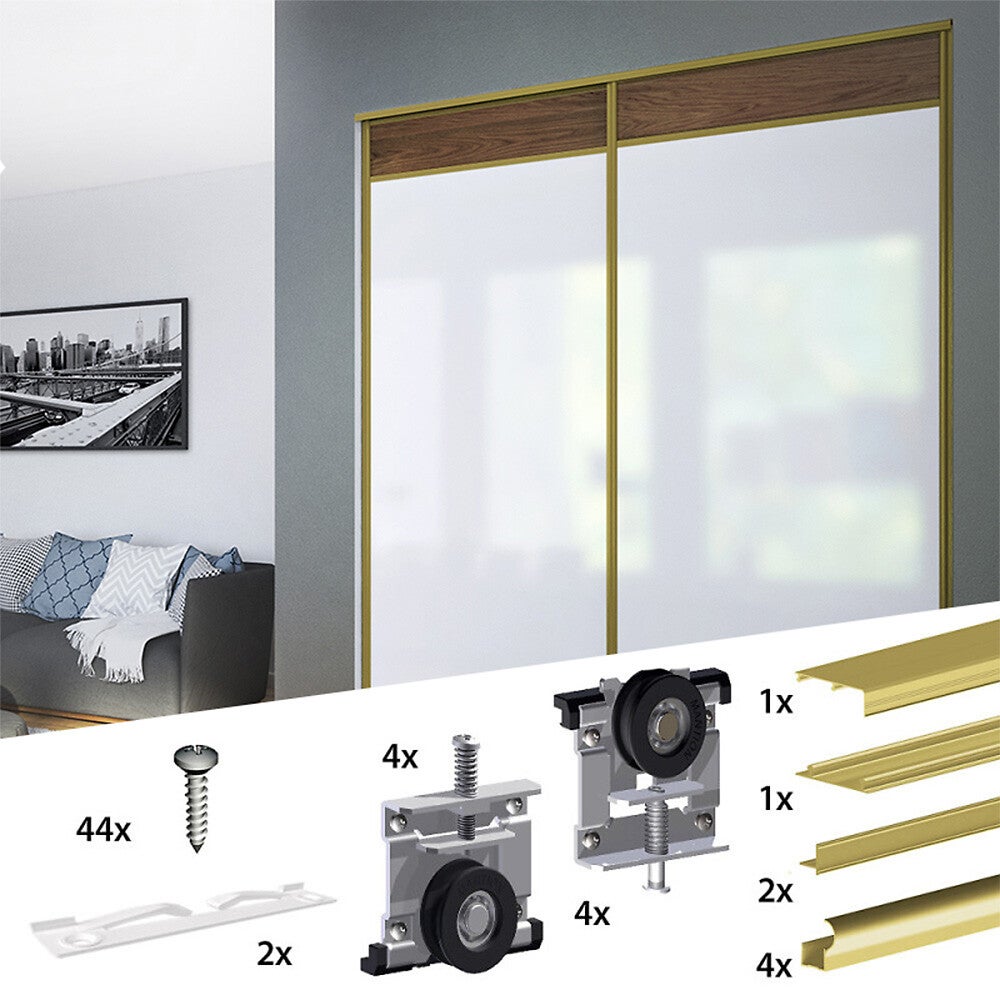 Kit SLID'UP 210 aluminium anodisé or pour 2 portes de placard coulissantes 16 mm - rail 1,8 m - 70 kg - 2
