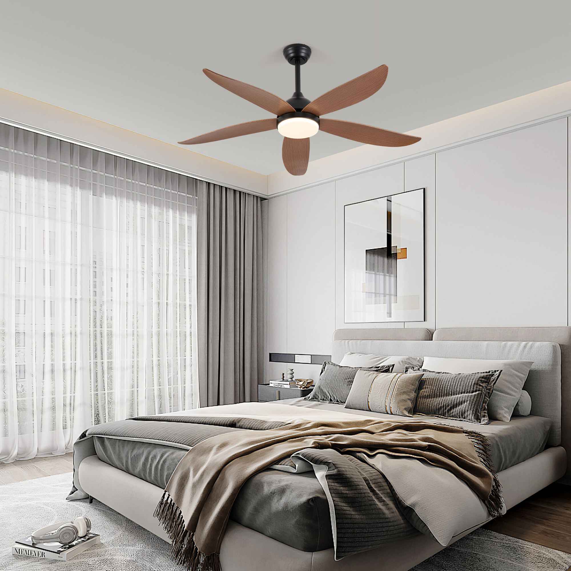 Ventilateur de Plafond Intelligent 132 cm Pales Effet Bois 5 Lames Contrôle APP 6 Vitesses LED 3 Couleurs Veilleuse 110-240V - 2