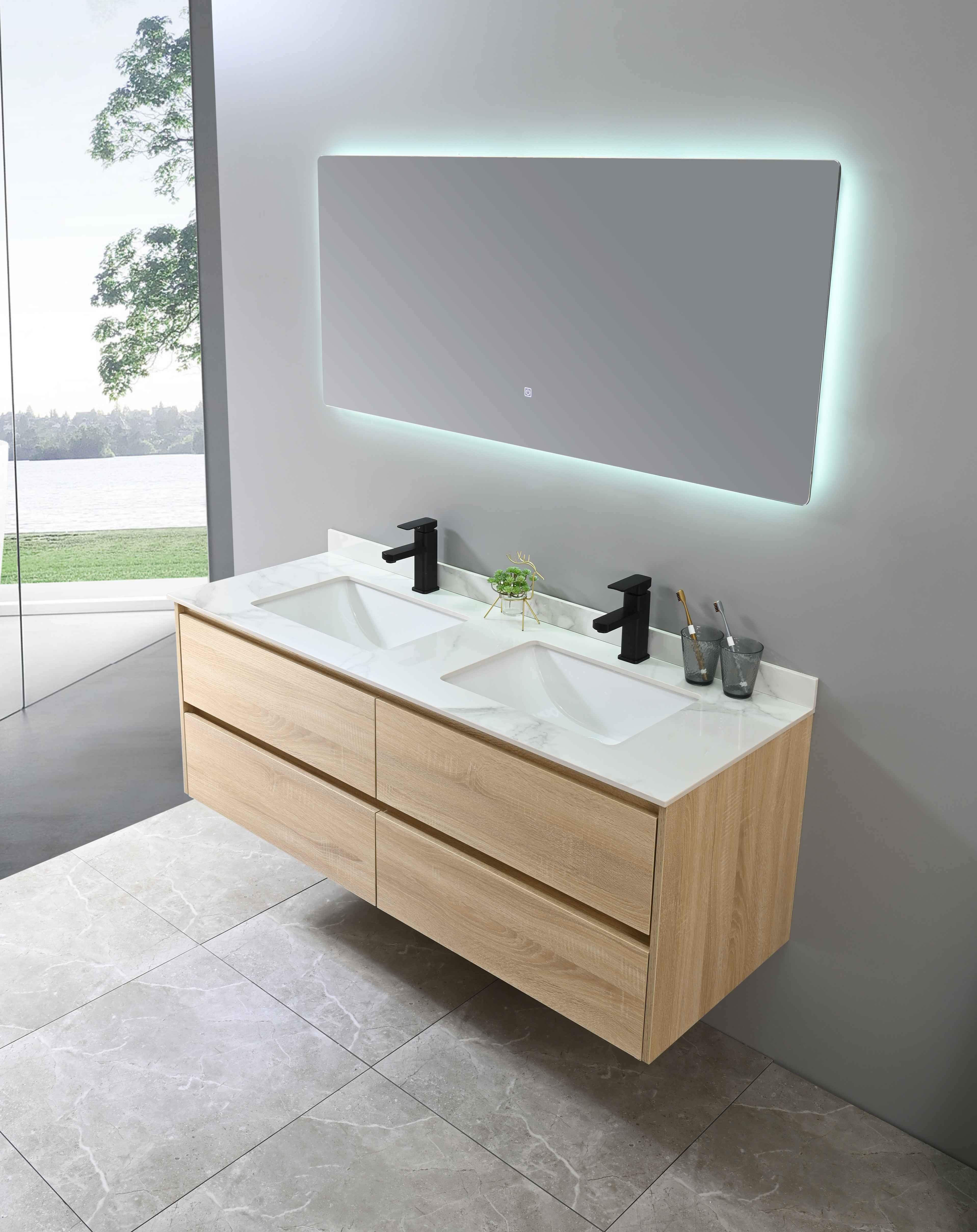 LuxuryBain- Meuble de salle de bain double vasque 140cm bois et blanc effet marbre avec miroir LED LB-8475 - 4
