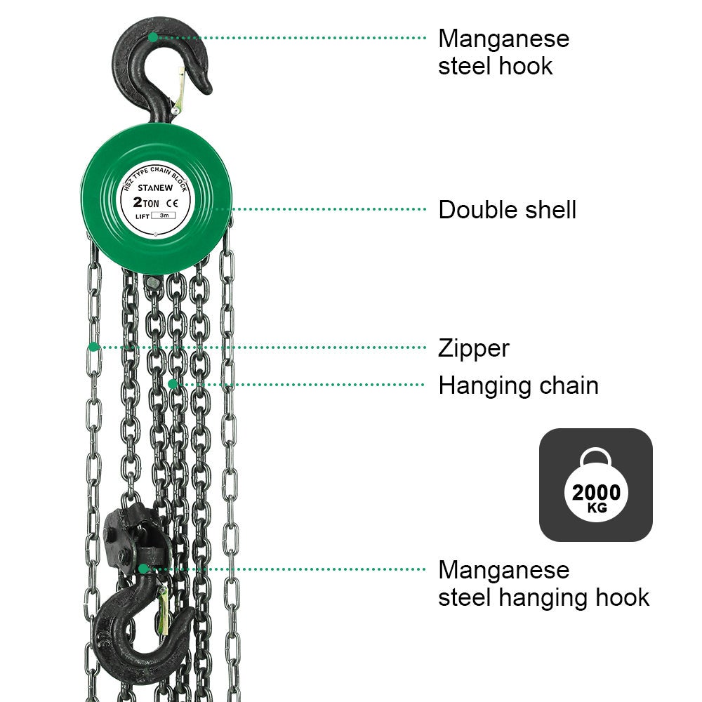 DEWINNER Palan à chaîne Manuel 2T avec Crochet Robuste, Hauteur de Levage 3M - 7