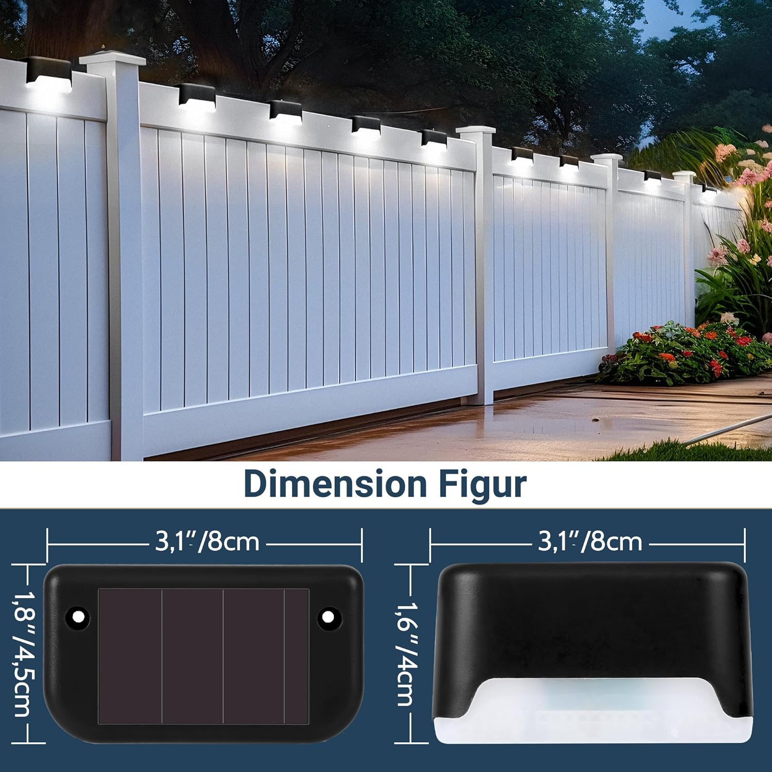 Lot de 12 lampes solaires étanches pour clôtures, escaliers, haies, cours, patios et allées (noir, lumière chaude) - 5