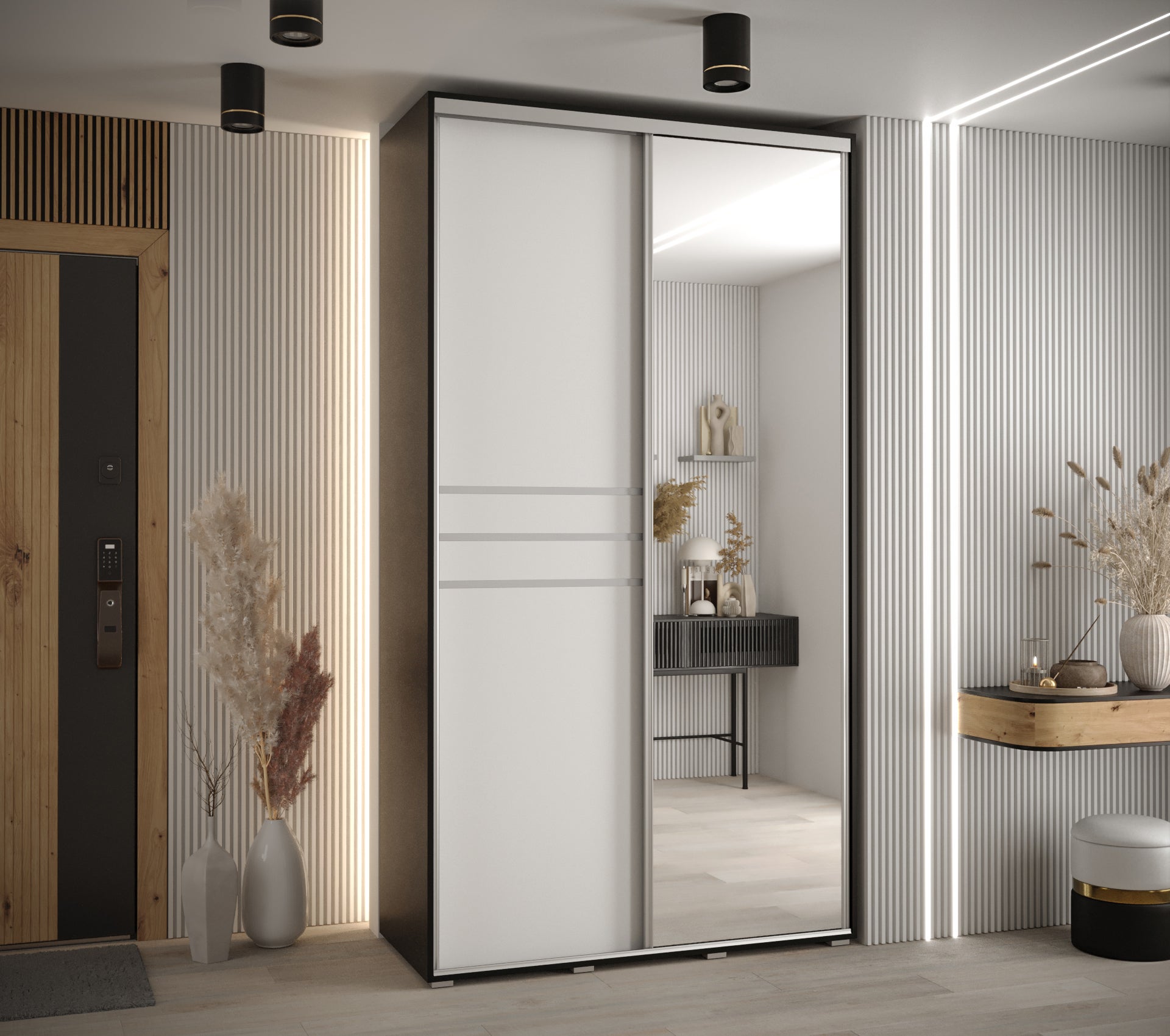 Szafa przesuwna z lustrem wysoka Davos 11 140 x 45 x 235,2 cm czarny + biały + u. srebrny - Abiks Meble - 2