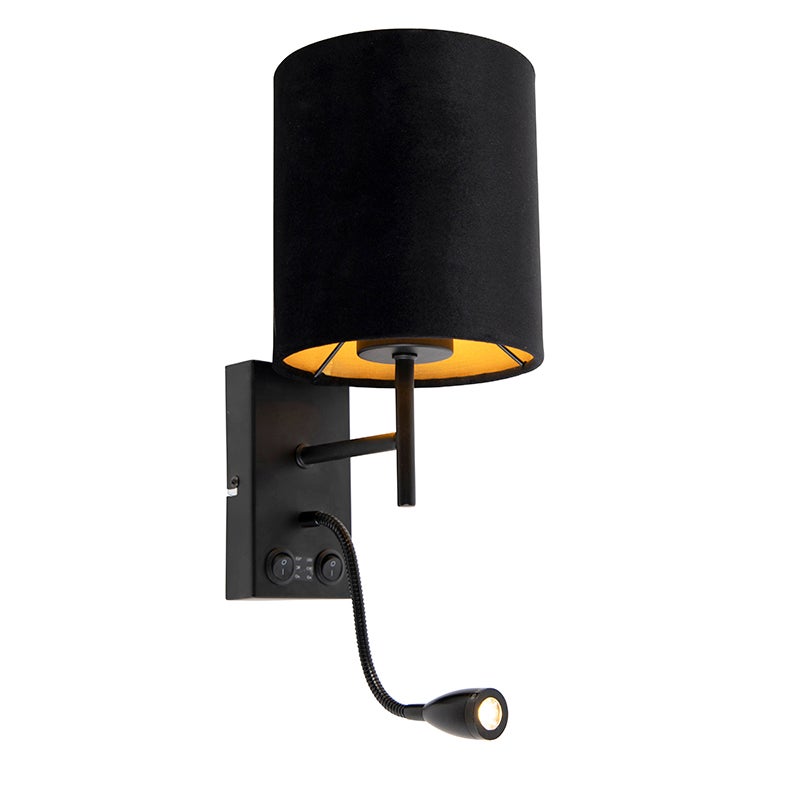 Qazqa nowoczesny lampa ścienna z kloszem i ramieniem do czytania - Stacca - czarny, max. 40w, e27, z 2 punktami świetlnymi