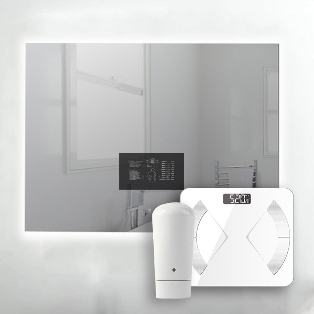 Espejo led de baño retroiluminado con pantalla tactil de 10,5 + báscula biometrica y sensor de piel - 120x80cm
