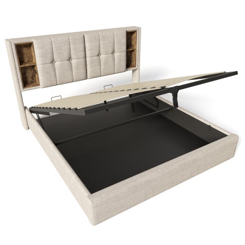 Lit coffre Lit double lit 160x200cm lit rembourré ,avec chargement sans fil USB C, sommier à lattes en bois, lin ,Beige - 8