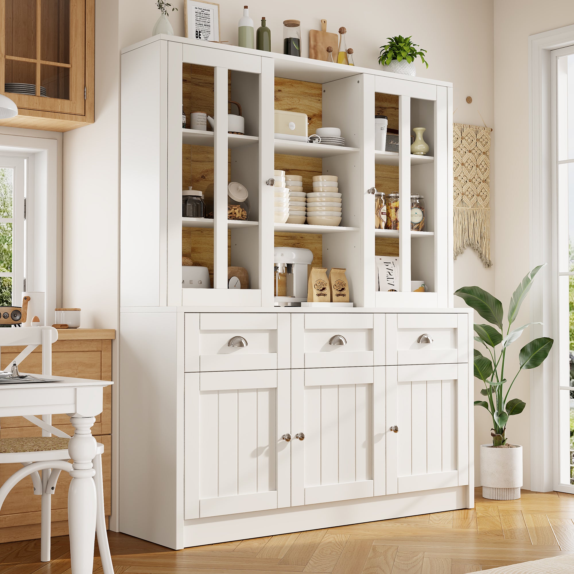 Credenza da cucina con 5 ante, 3 cassetti e ripiani portaoggetti, vetrina - 140 x 38,5 x 175 cm - MDF - Bianco + naturale - 3