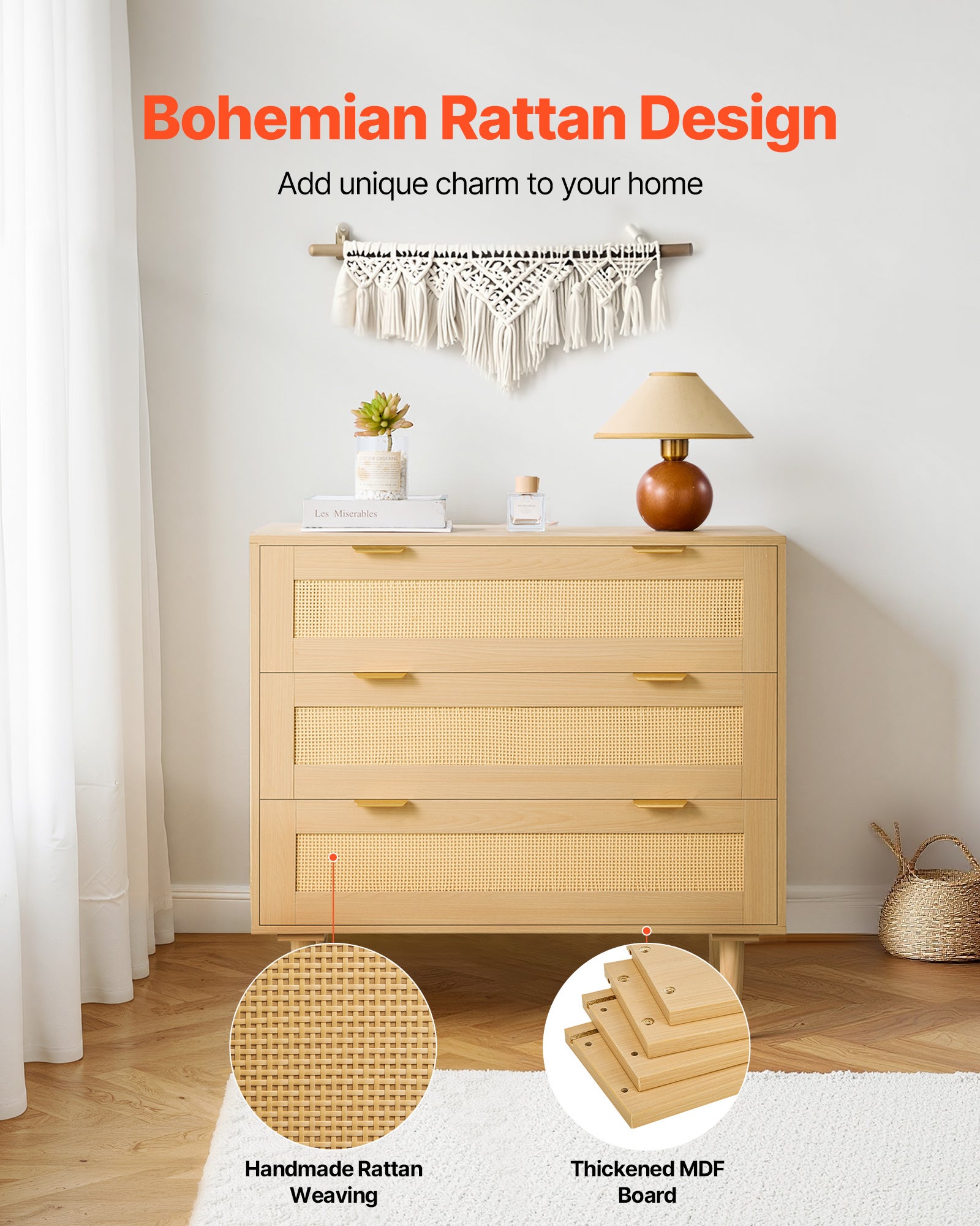 Commode VEVOR 3 tiroirs, meuble rangement avec poignées en métal et pieds, organisateur vêtements et rangement bohème, armoire pour chambre à coucher - 4