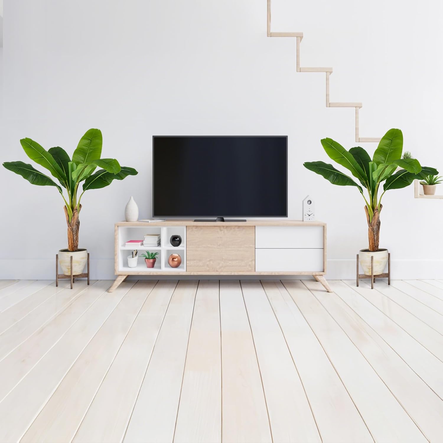 Conjunto de 2 árvores artificiais de ave-do-paraíso de 107 cm, plantas artificiais com folhas de bananeira com vaso e ramos ajustáveis para casa ou al - 9