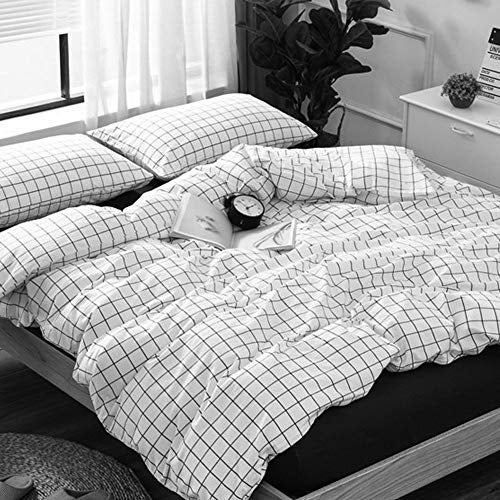 Juego de cama de 3 piezas, funda nórdica de malla a cuadros en blanco y negro con cierre de cremallera y correas en las esquinas (cama de 0,9 a 1,2 m)